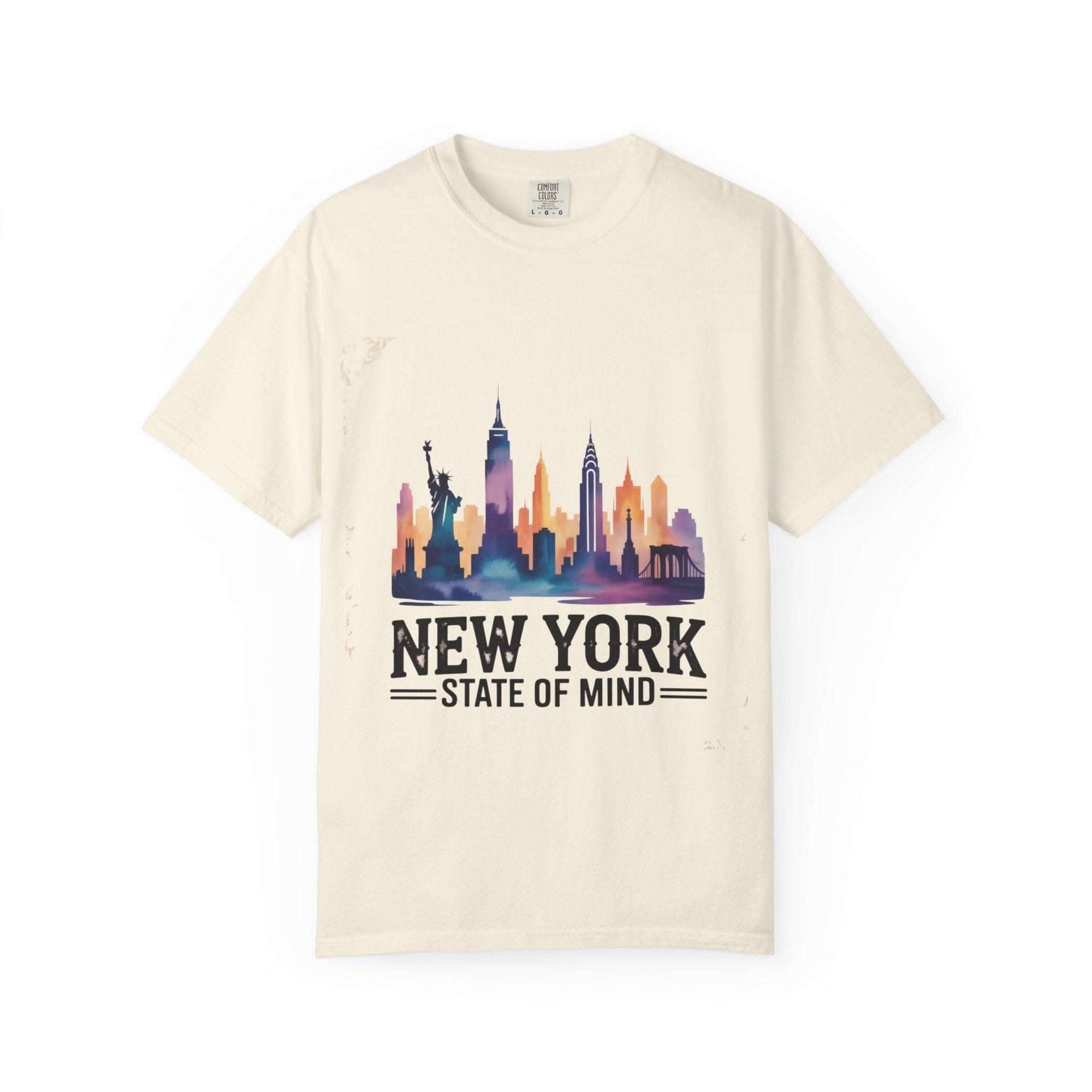 Red garment-dyed t-shirt featuring New York State of Mind design by Printify