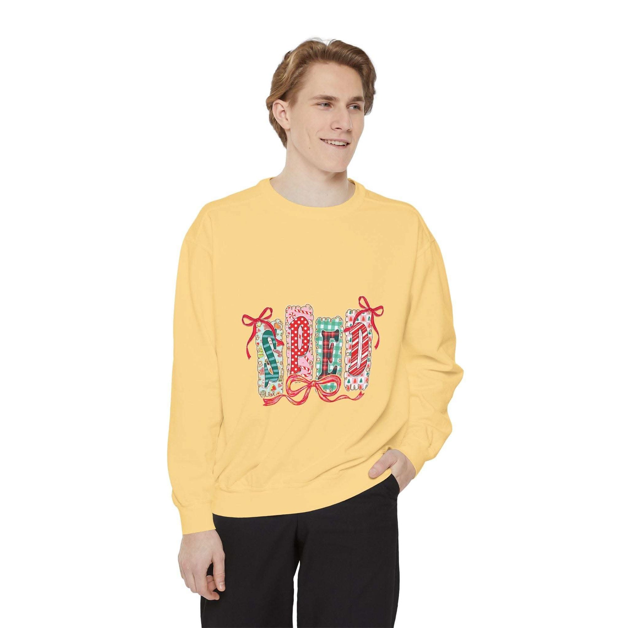 Pepper garment-dyed sweatshirt for preppy SPED teachers, featuring a festive Christmas design by Printify