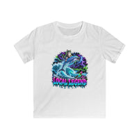 A white short-sleeve crewneck t-shirt featuring a colorful graphic of a shark and waves with the text 'LOCAL LEGEND' in a dripping neon style, shown on a plain white background.