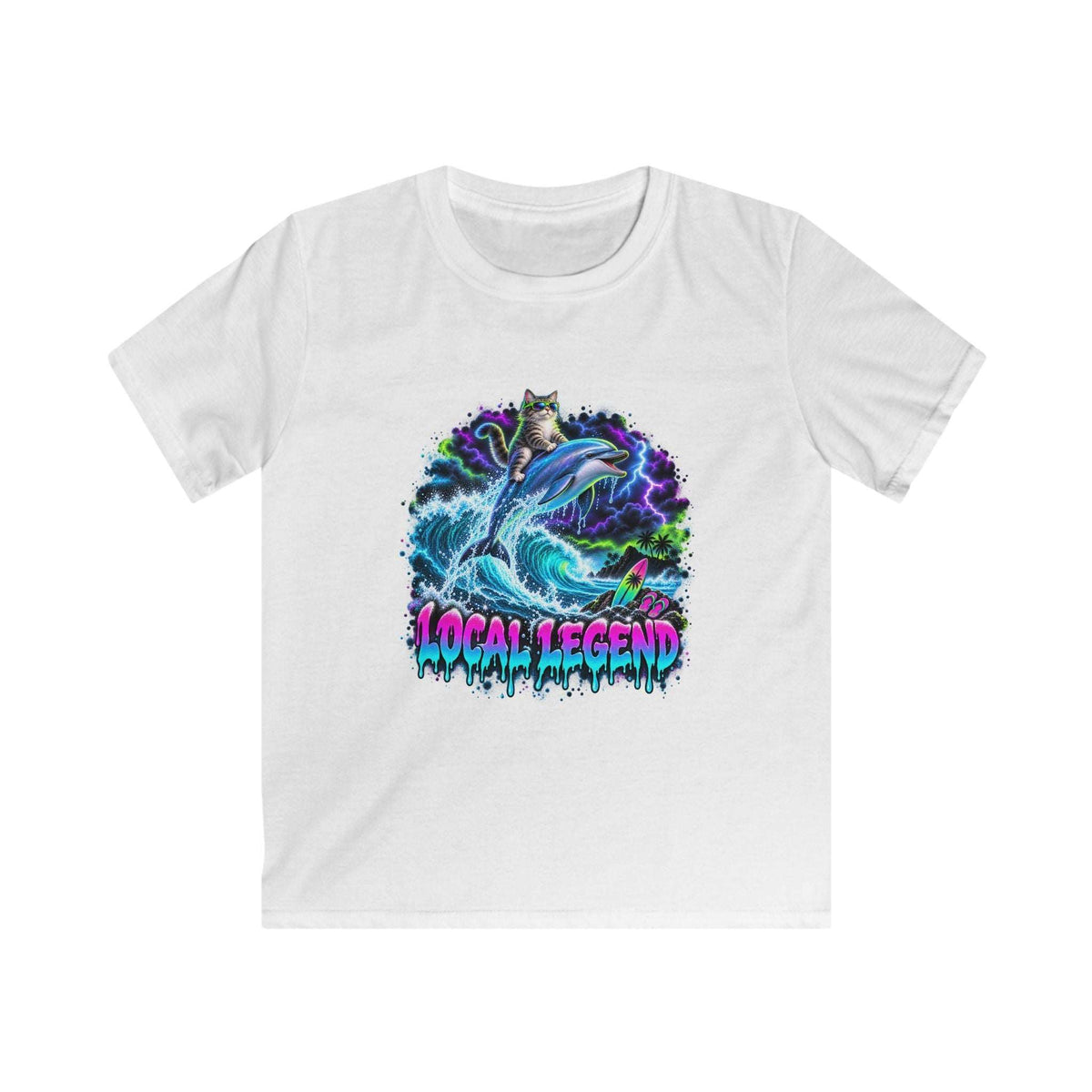 A white short-sleeve crewneck t-shirt featuring a colorful graphic of a shark and waves with the text 'LOCAL LEGEND' in a dripping neon style, shown on a plain white background.