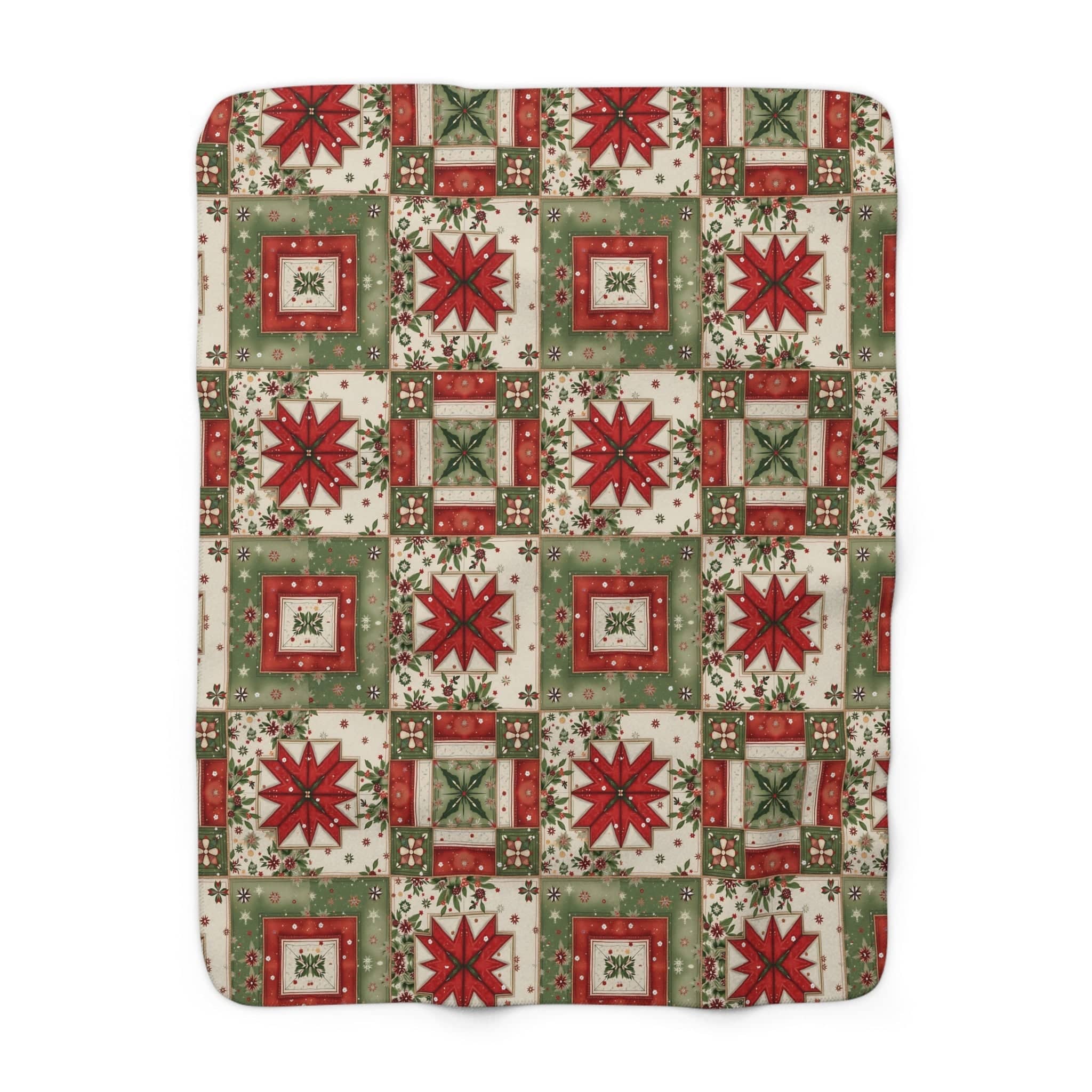 Vintage Christmas patchwork sherpa blanket with red and green star and plaid patterned squares