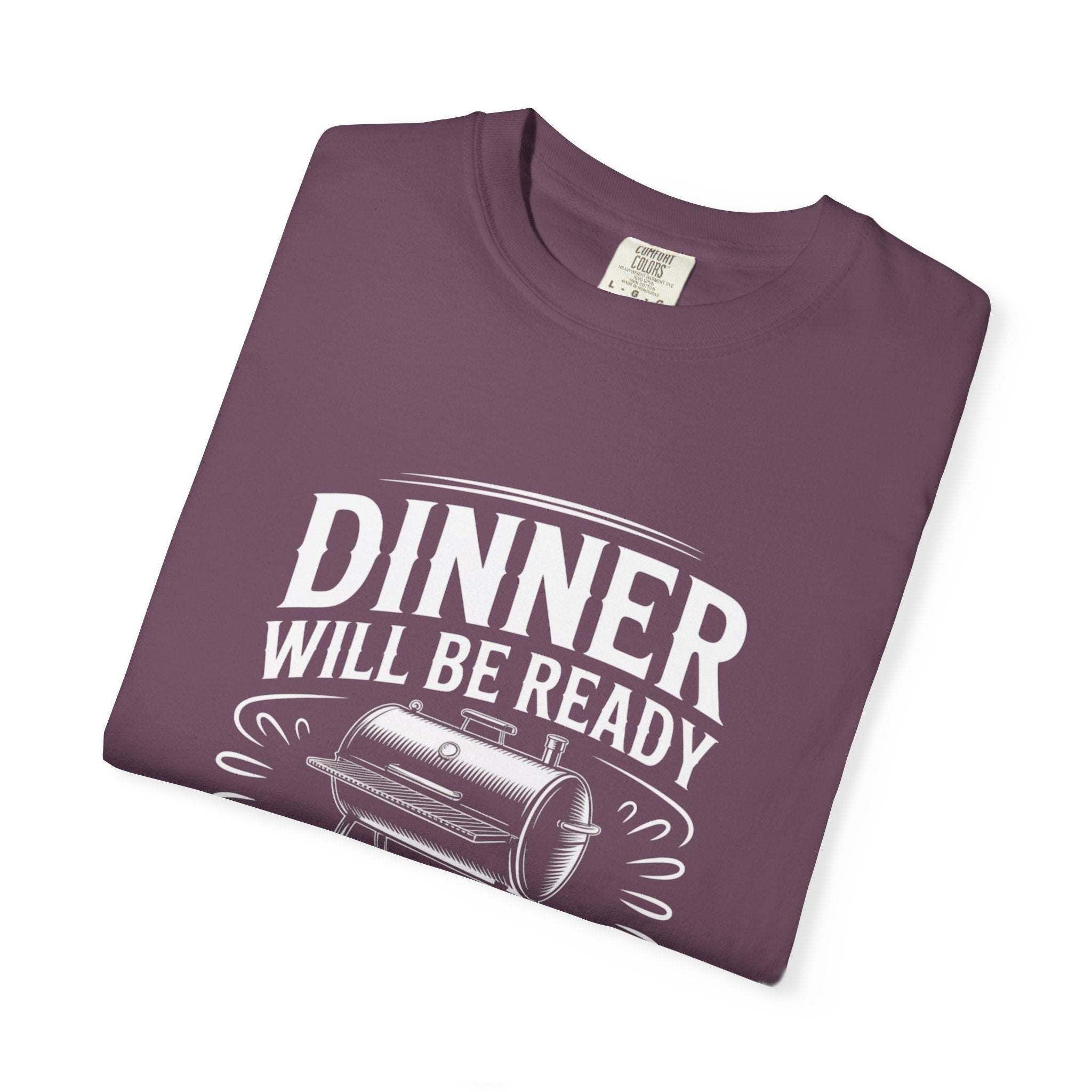 Dinner Will Be Ready in 18 Hours Meat Smoker T-Shirt with bold slow smoke design