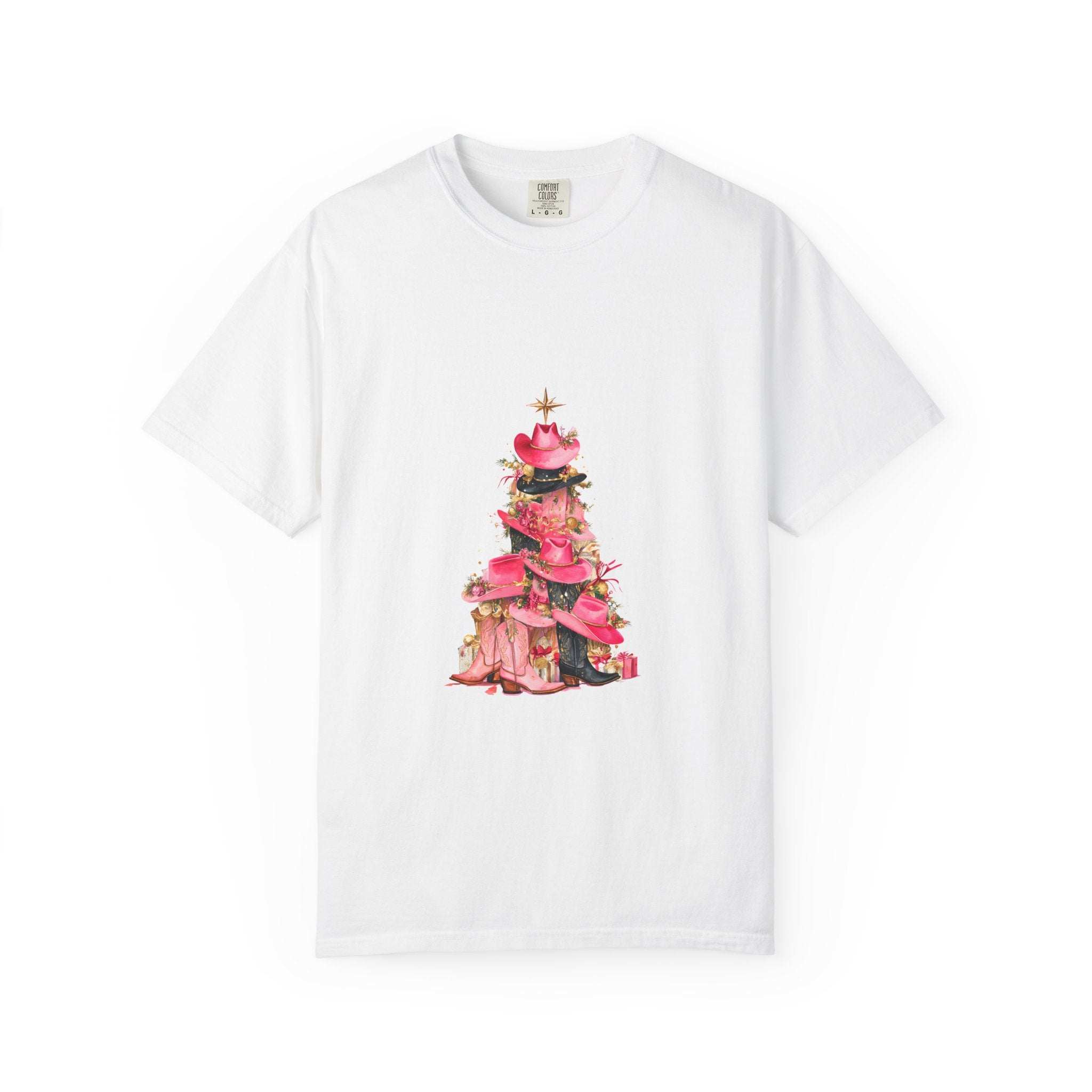Pepper-colored cotton t-shirt featuring a festive cowgirl Christmas tree design, perfect for holiday wear.