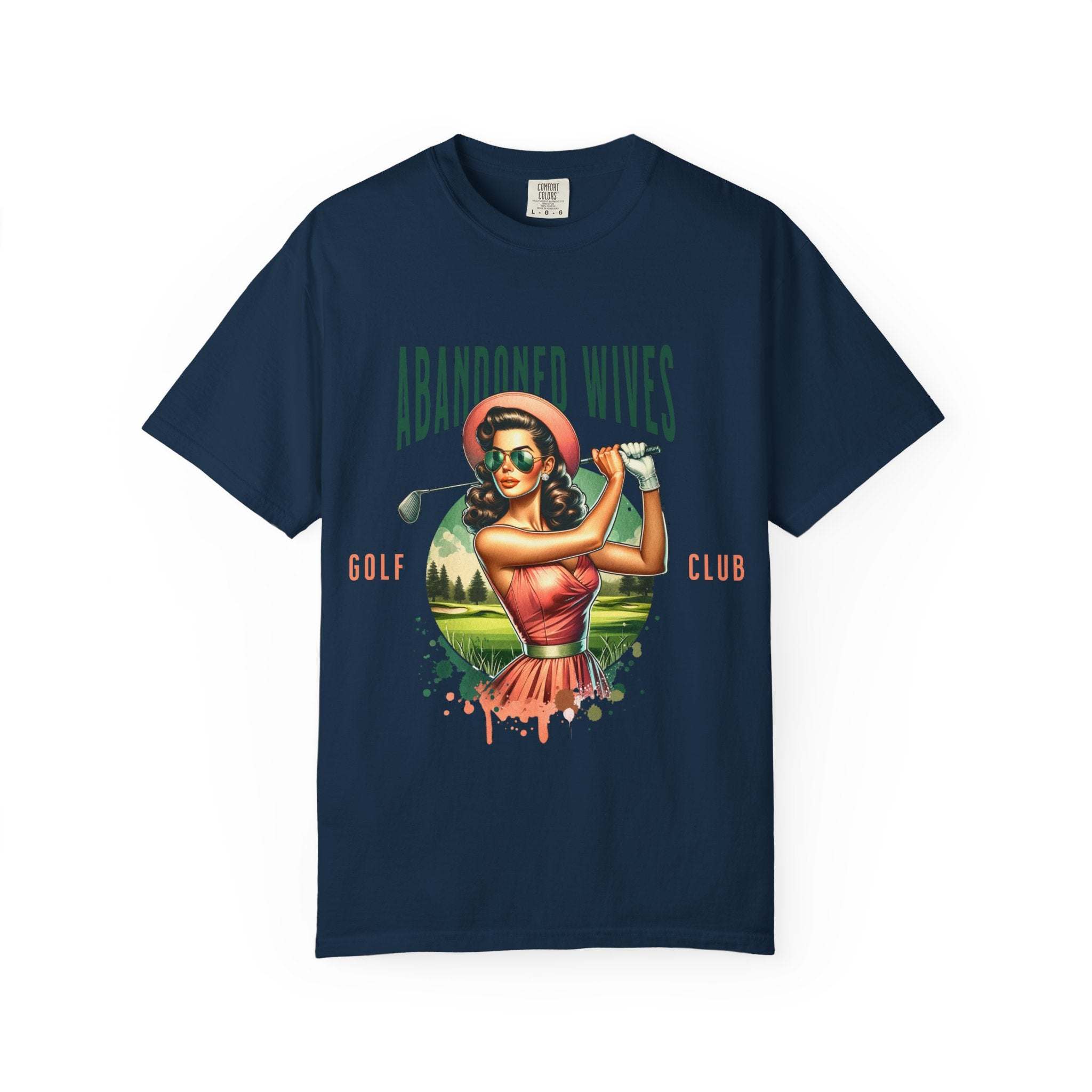Vintage Unisex T-shirt with Abandoned Wives Golf Club retro design on navy blue cotton fabric
