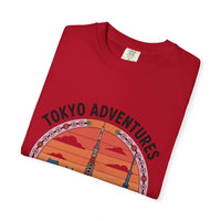 Red garment-dyed T-shirt with Tokyo Adventures travel graphic and Japanese culture design