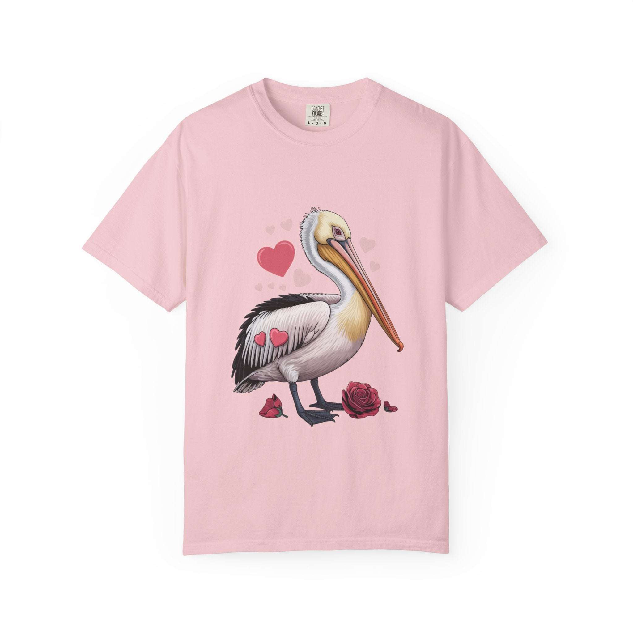 Valentine Pelican Hearts T-Shirt with playful pelican and heart design on soft cotton