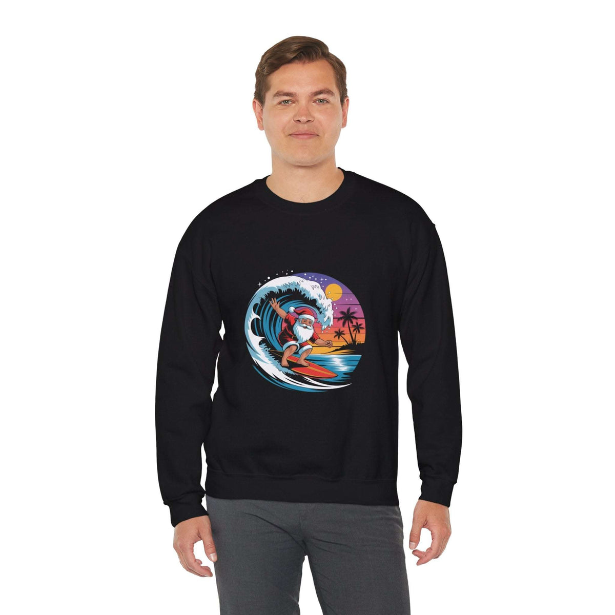 Navy Santa sweatshirt featuring a surfing design, perfect for holiday beachwear by Printify.