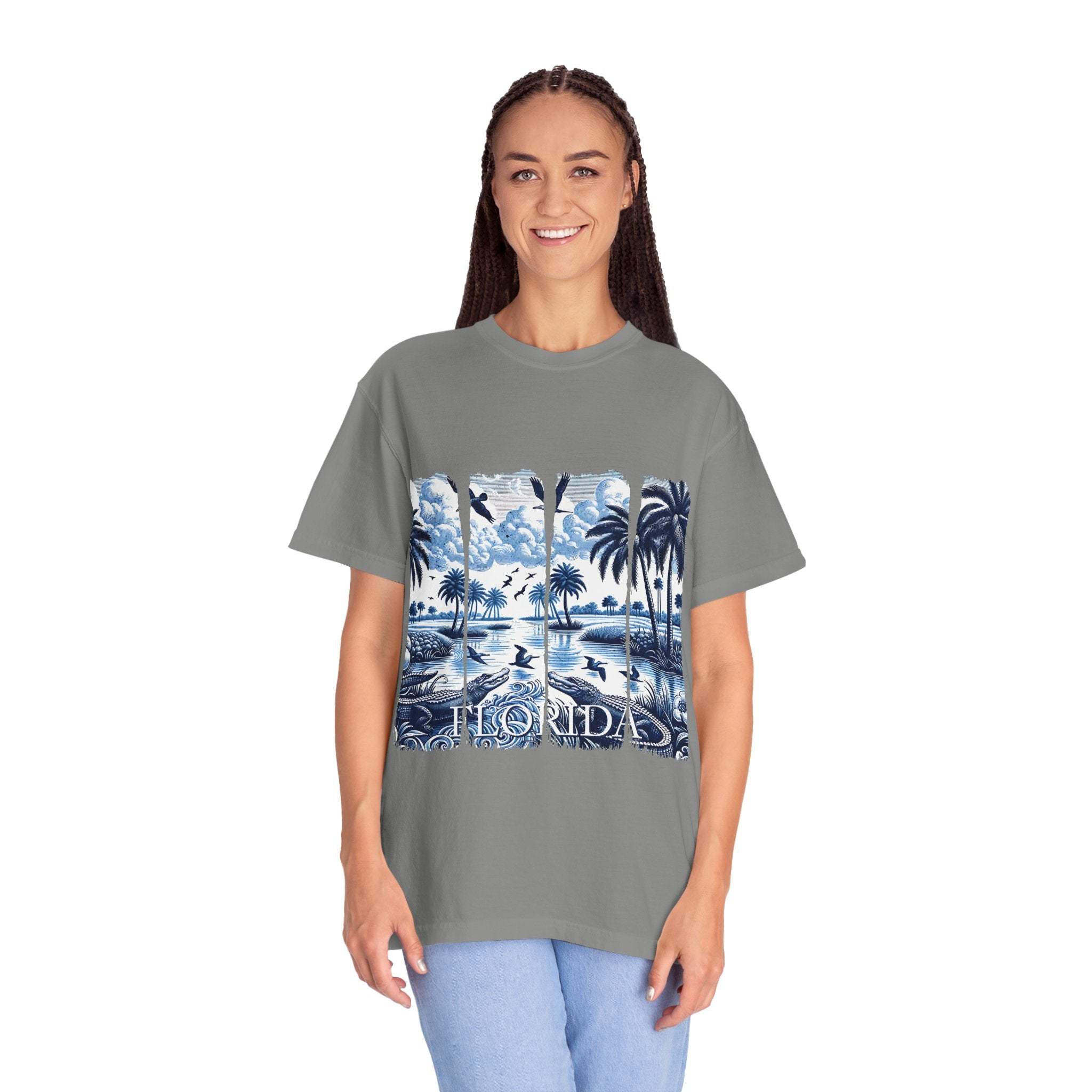Blue Chinoise Brushstroke T-Shirt with soft blue chinoiserie brushstroke design on garment-dyed cotton.