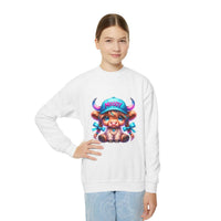 Youth wearing white Moody Girl Highland Cow sweatshirt with colorful cartoon highland cow illustration on front