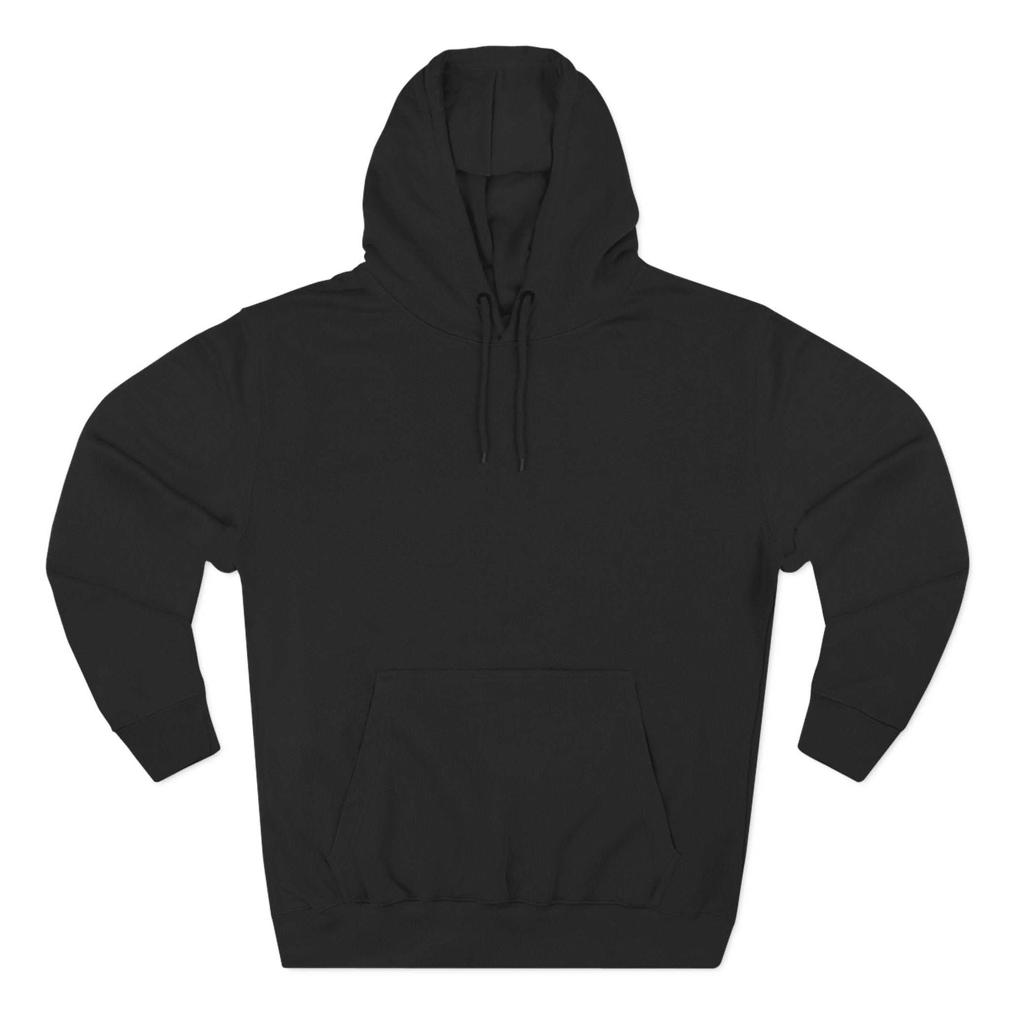 Black fleece hoodie with adjustable hood and kangaroo pocket, winter casual wear