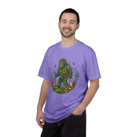 Forest Sasquatch Illustration t-shirt with floral Bigfoot and woodland animals design on soft cotton fabric