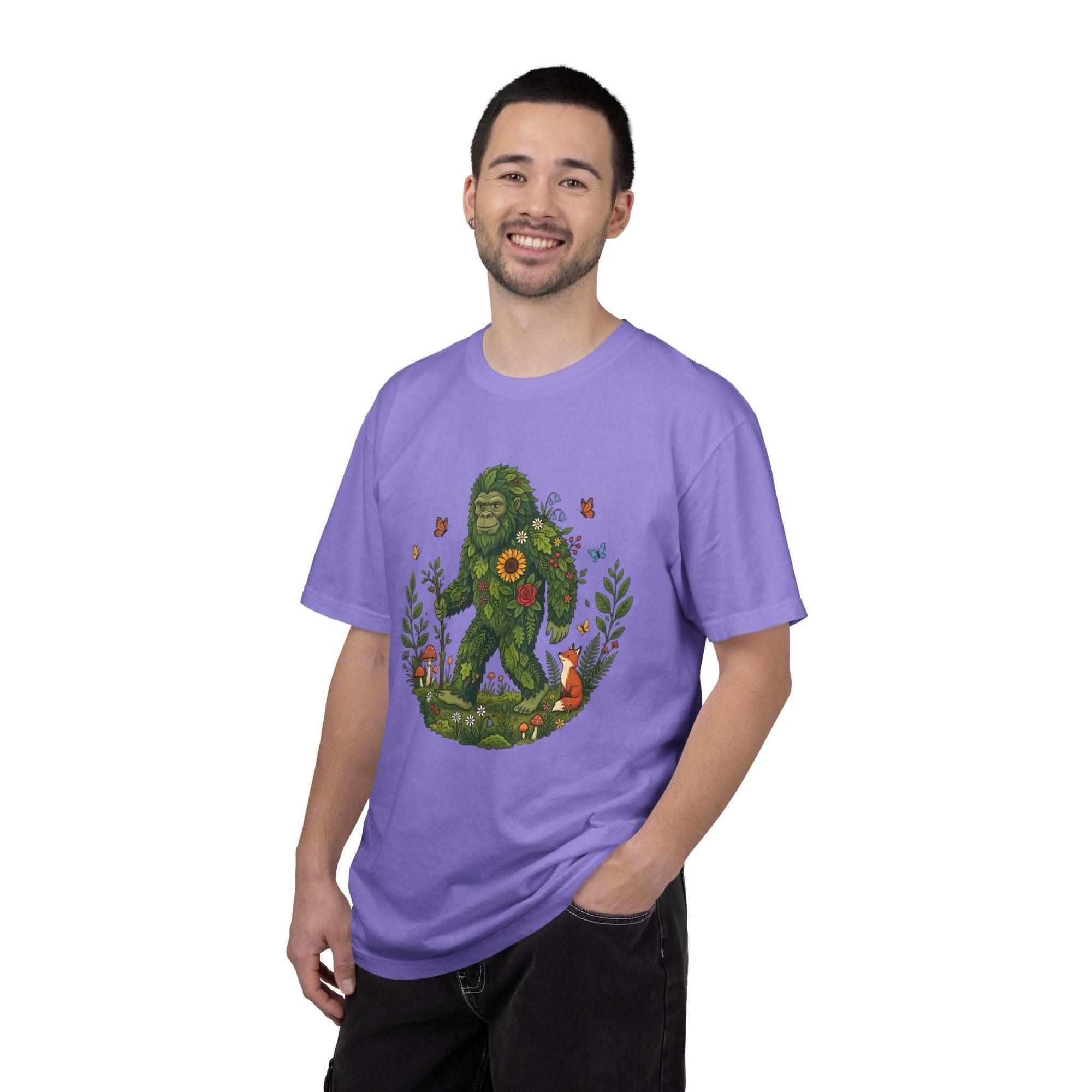 Forest Sasquatch Illustration t-shirt with floral Bigfoot and woodland animals design on soft cotton fabric