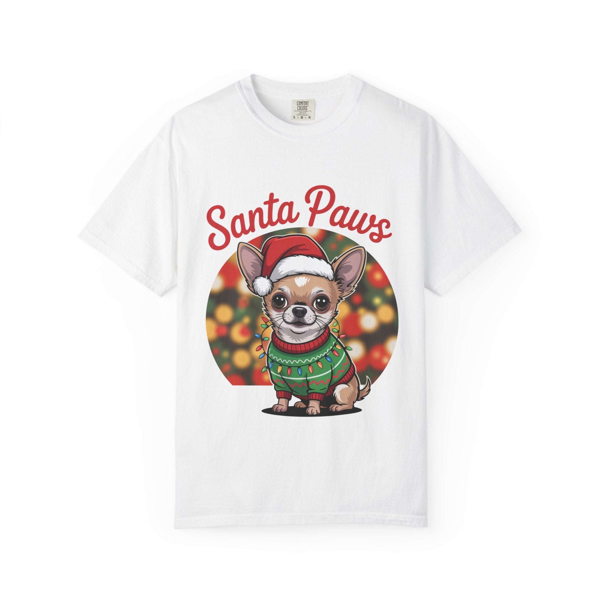 Bay Chihuahua Santa Paws T-Shirt by Printify, featuring a festive design for dog lovers, available in sizes S, M, L.