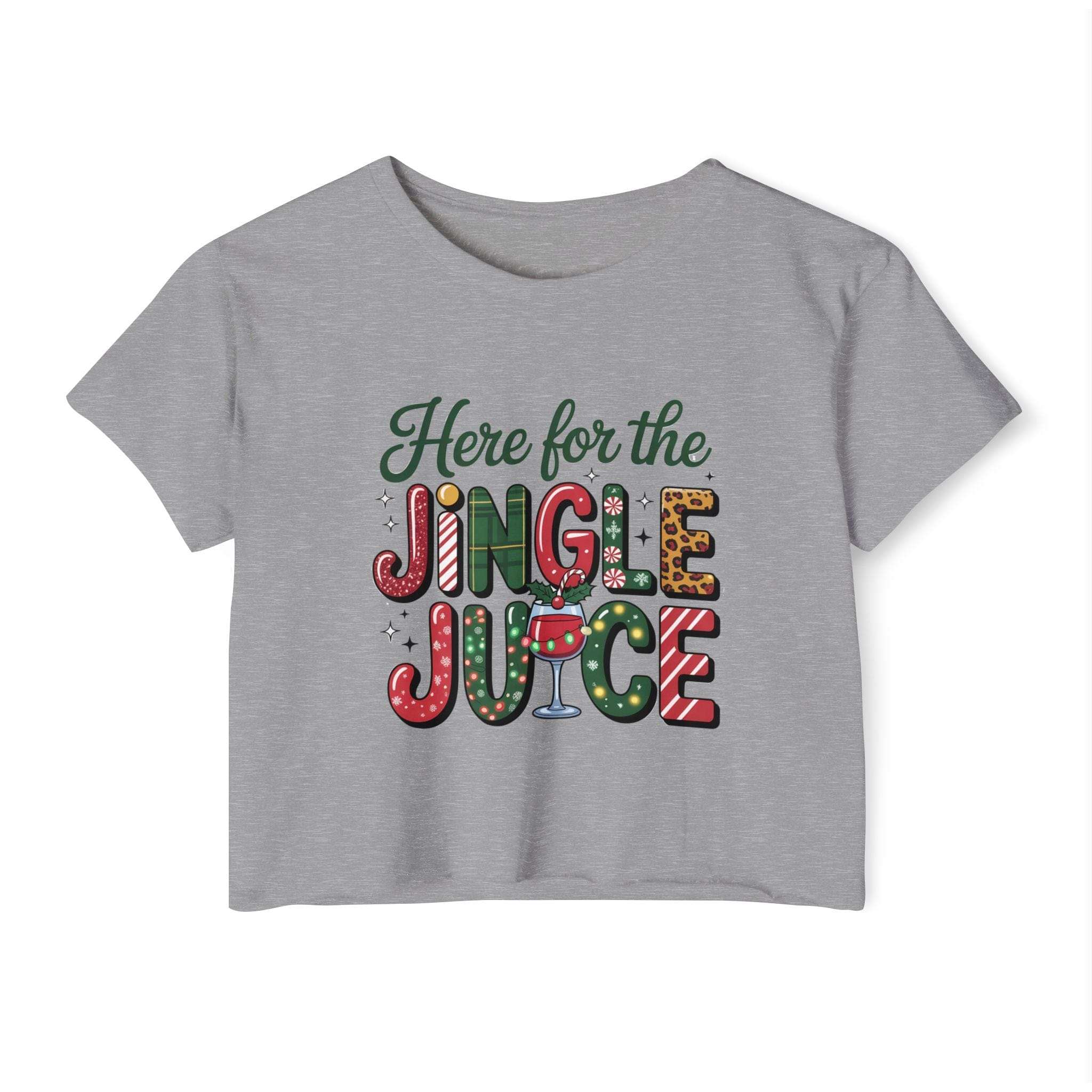 White crop top t-shirt with 'Here For The Jingle Juice' text, festive design by Printify, perfect for holiday parties.