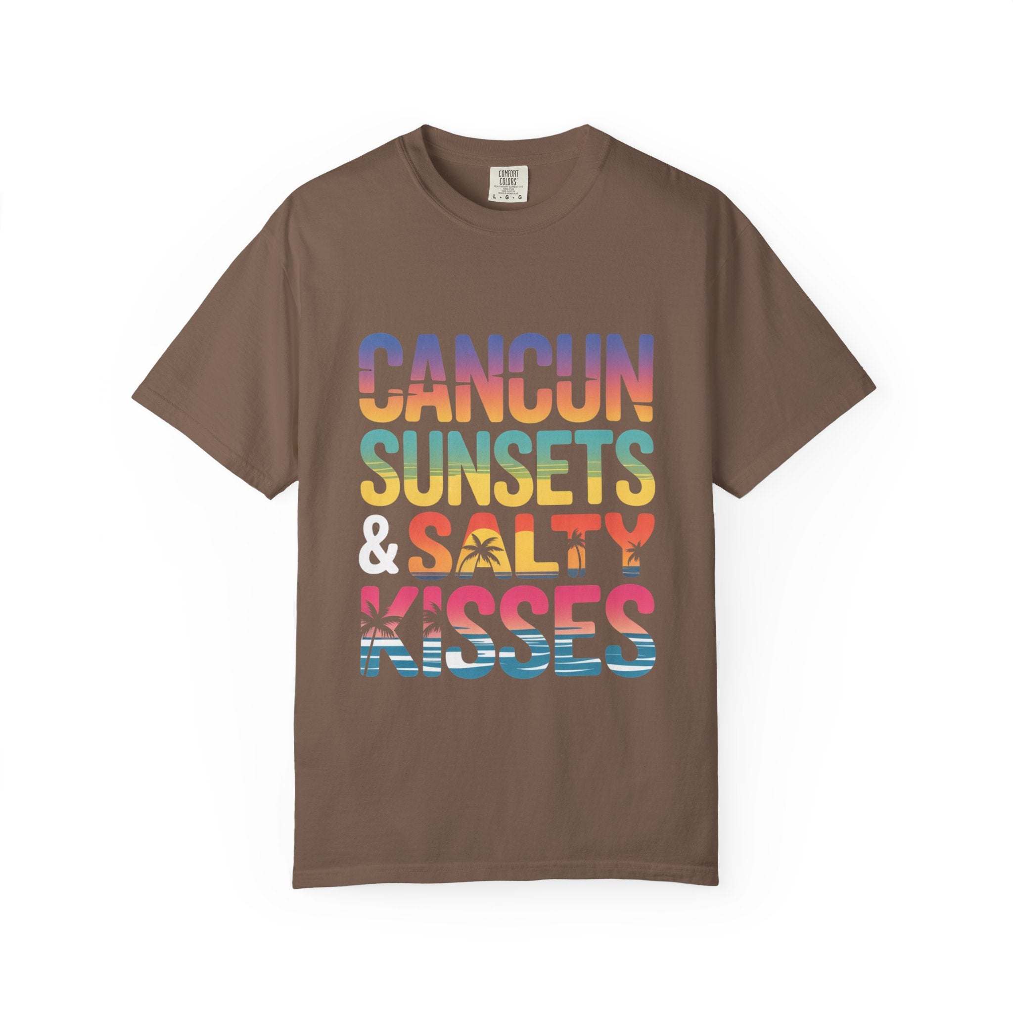 Lightweight black t-shirt featuring 'Cancun Sunsets Salty Kisses' design from Printify, ideal for beach vacations.
