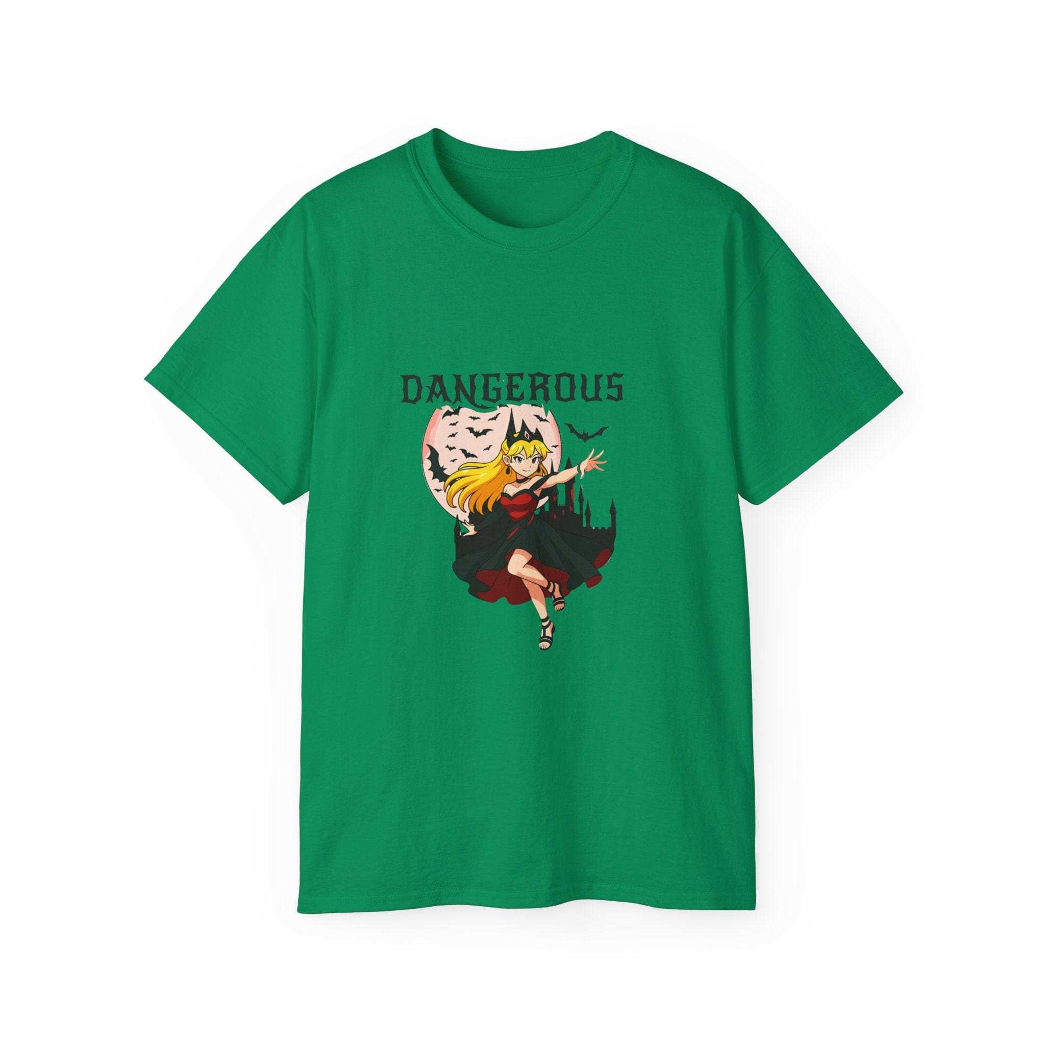 White eco-friendly cotton t-shirt featuring anime Halloween Dangerous Girl print in edgy style