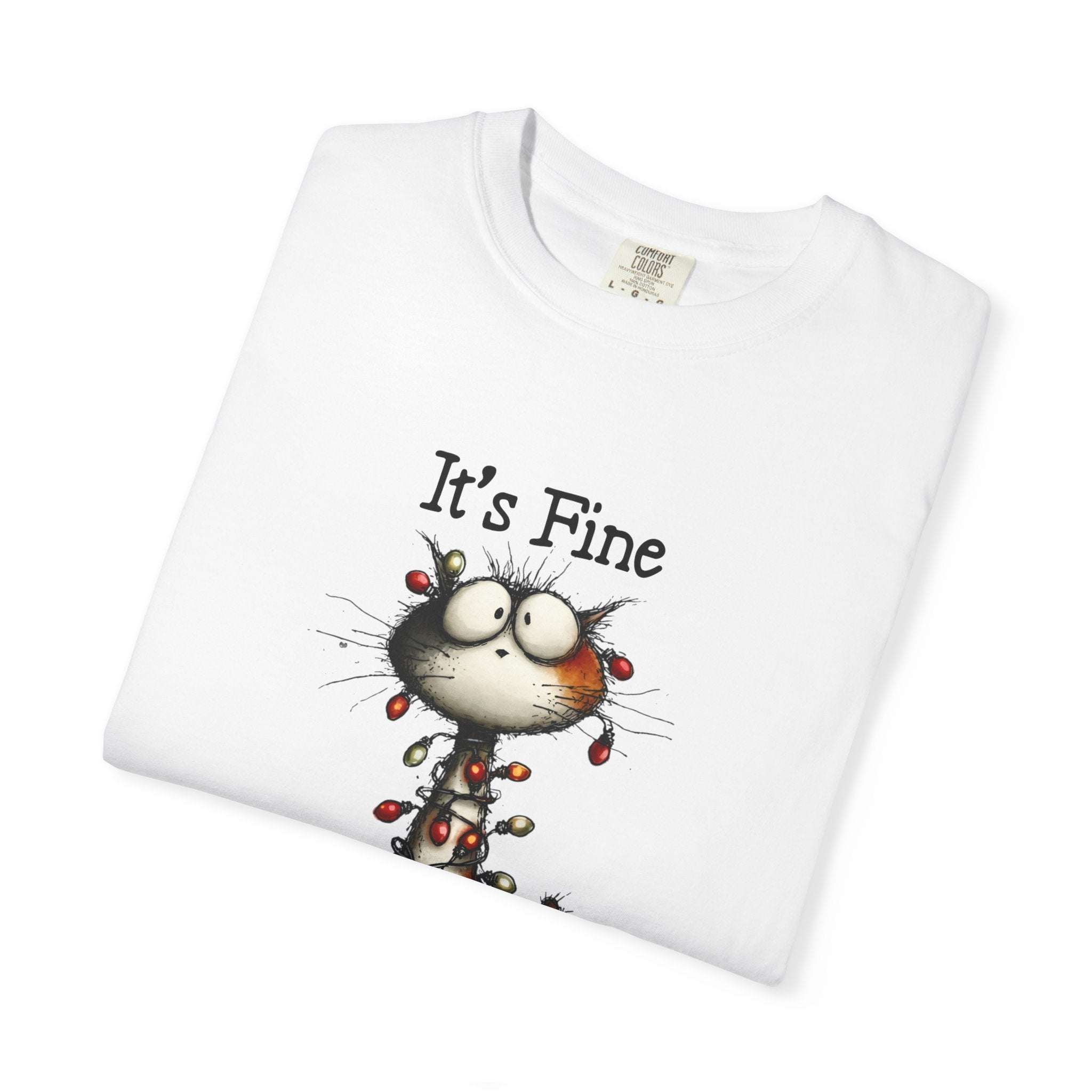 White t-shirt with a cartoon cat and 'It's Fine' text on a white background
