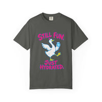 A dark gray crewneck t-shirt featuring a graphic of a white goose holding a blue water bottle, with the pink text 'STILL FUN. JUST HYDRATED.