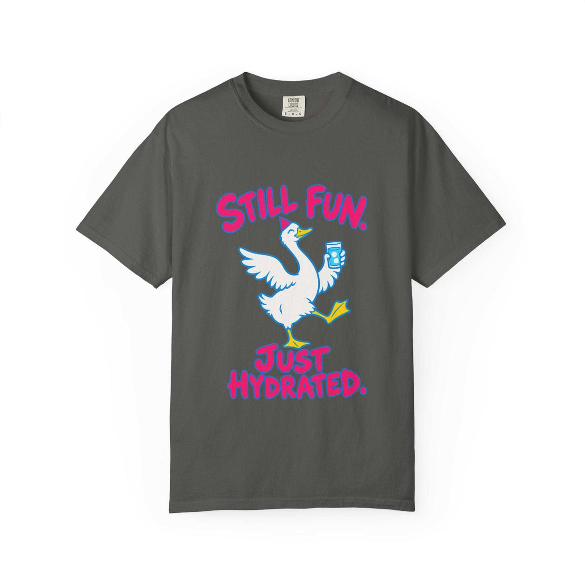 A dark gray crewneck t-shirt featuring a graphic of a white goose holding a blue water bottle, with the pink text 'STILL FUN. JUST HYDRATED.