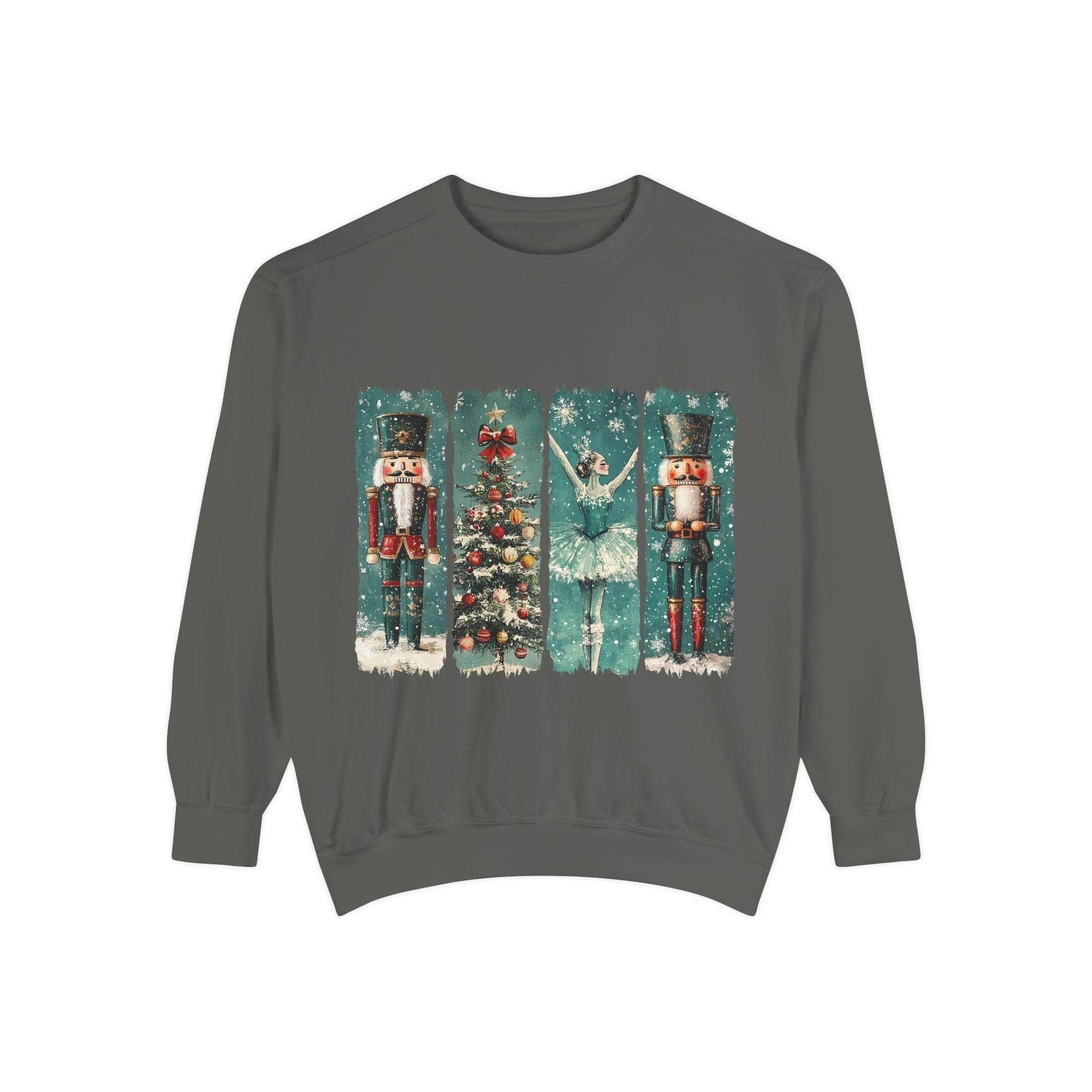 Vintage Christmas Nutcracker sweatshirt with watercolor nutcracker and Christmas tree design on grey background