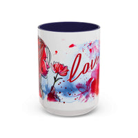 Valentines Floral Love Accent Coffee Mug with artistic heart and flower design, colored interior, and C-shaped handle