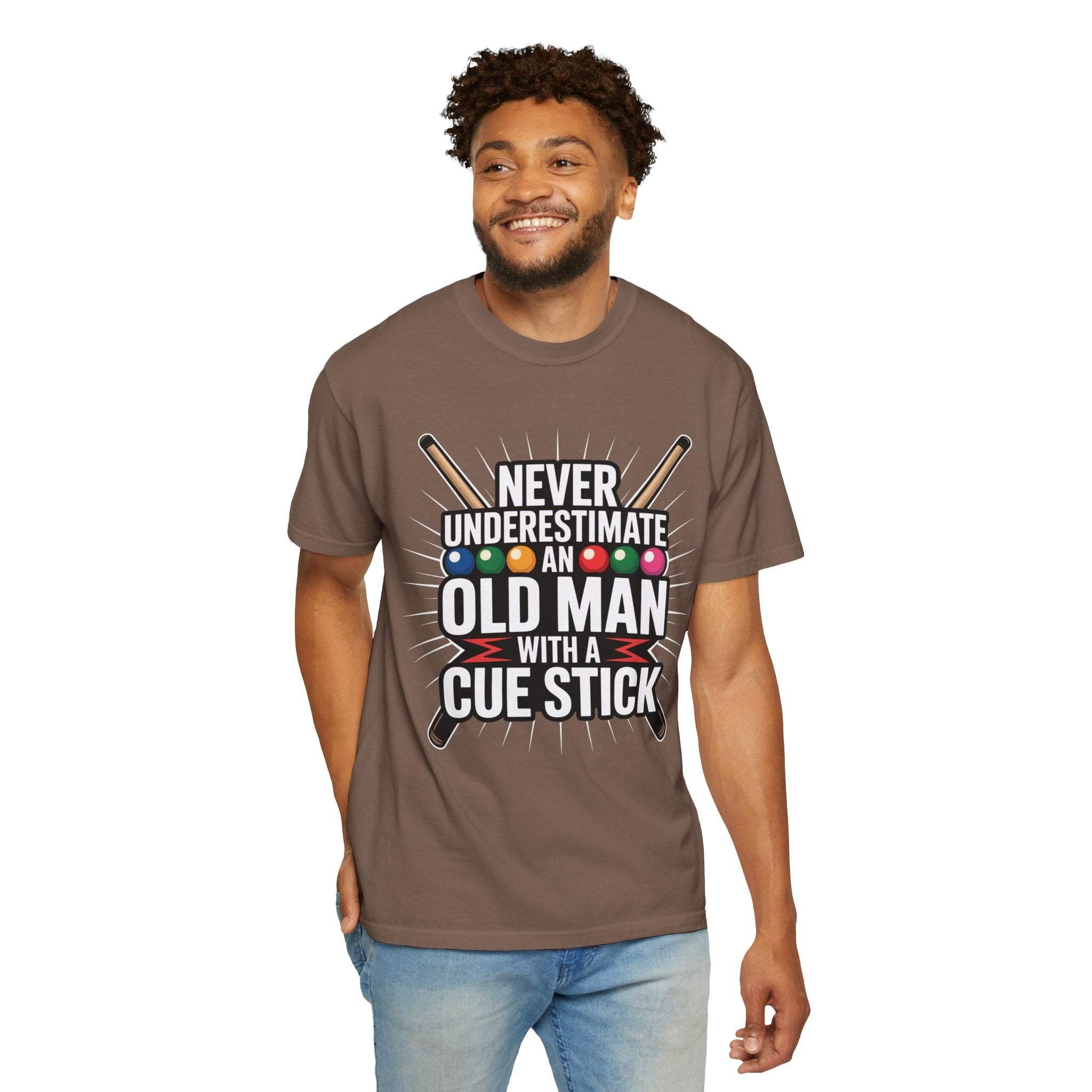 Man wearing brown t-shirt with "Never Underestimate An Old Man With A Cue Stick" pool-themed graphic design