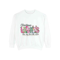 White Christmas Lights garment-dyed sweatshirt with festive colorful lettering and cozy ribbed cuffs and collar
