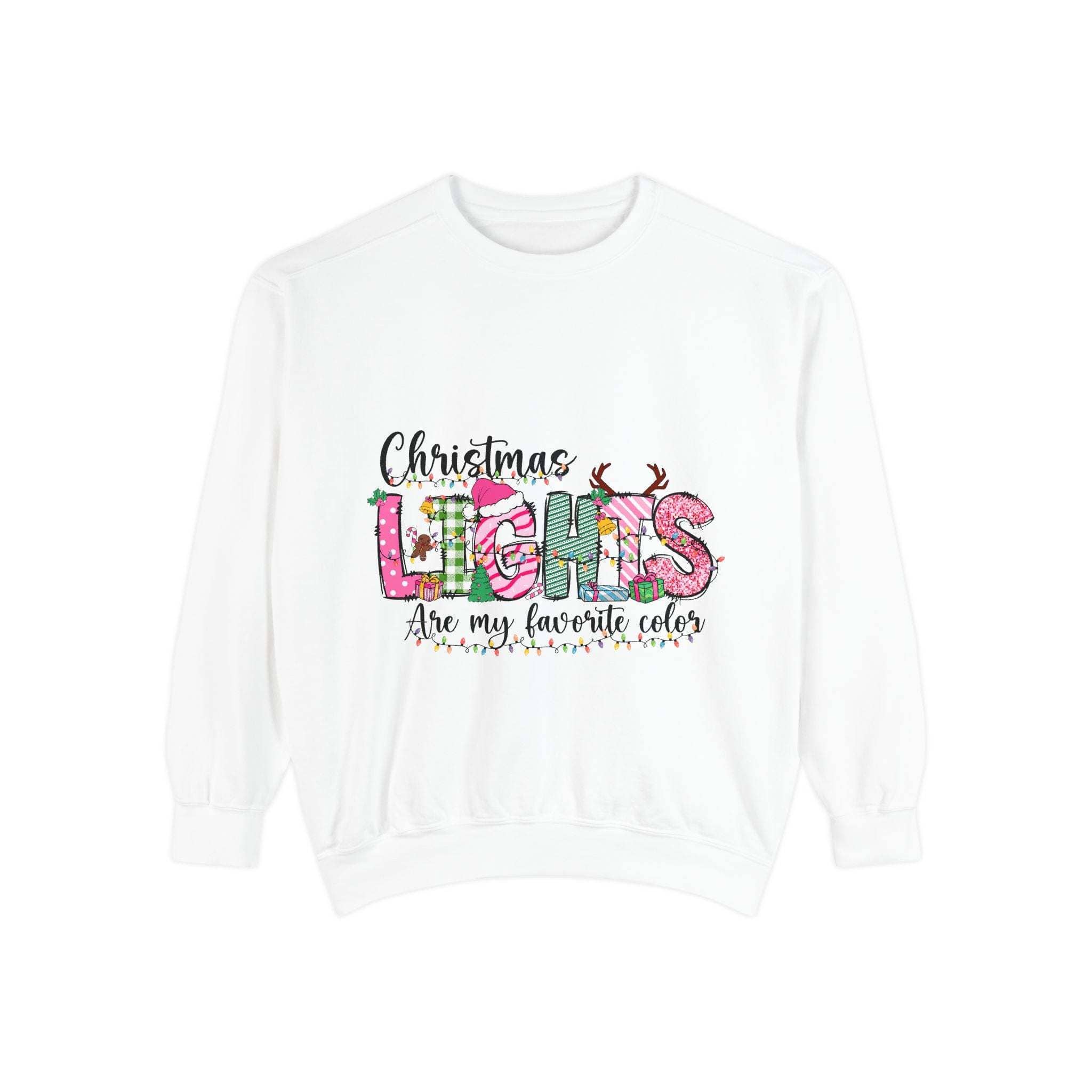 White Christmas Lights garment-dyed sweatshirt with festive colorful lettering and cozy ribbed cuffs and collar