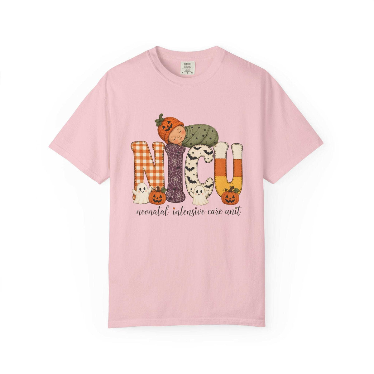 Blossom pink NICU nurse Halloween T-shirt with patchwork lettering, a sleeping baby in a pumpkin hat, ghosts, and jack-o’-lanterns.