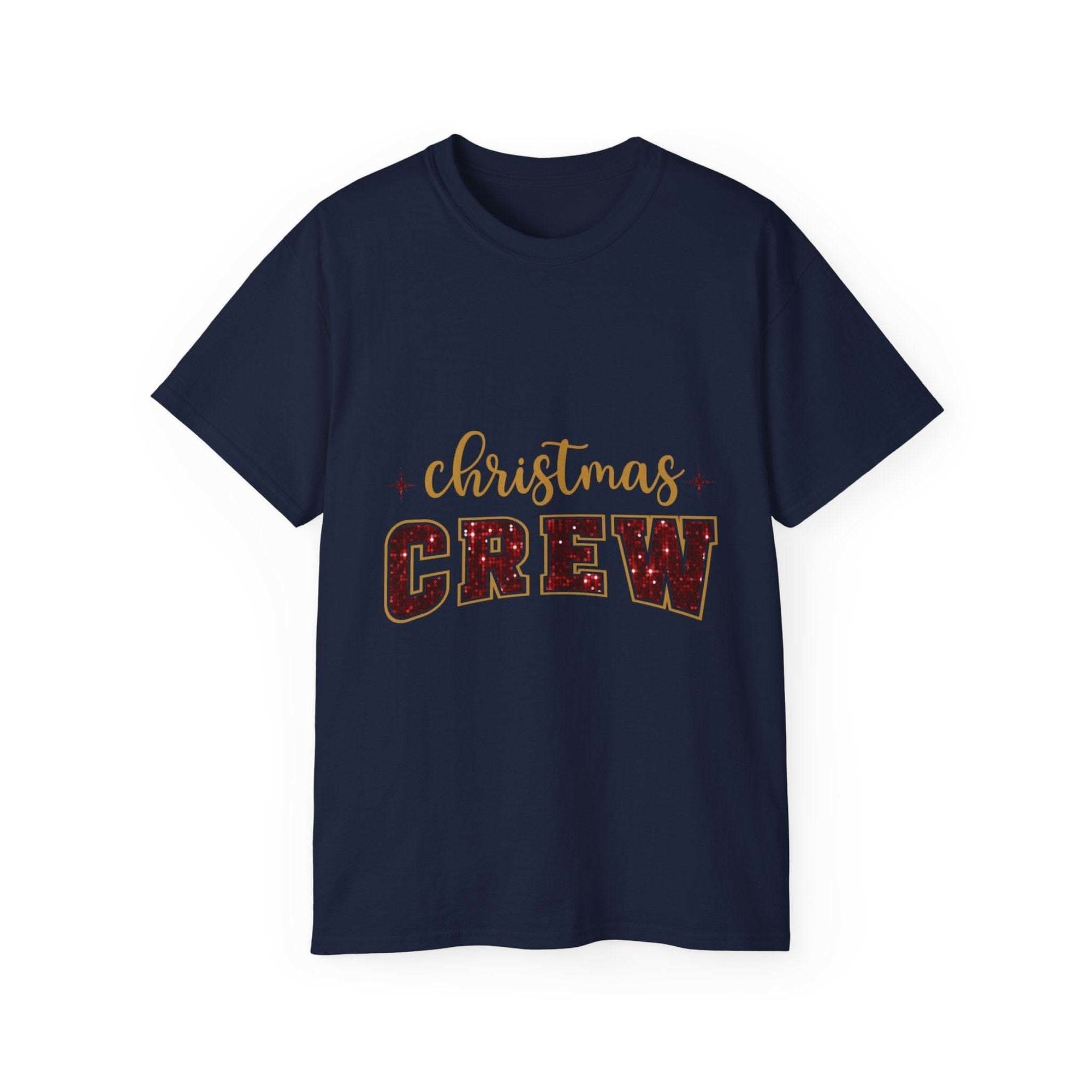 Antique Cherry Red faux glitter Christmas crew t-shirt from Printify, sized S for festive holiday wear.