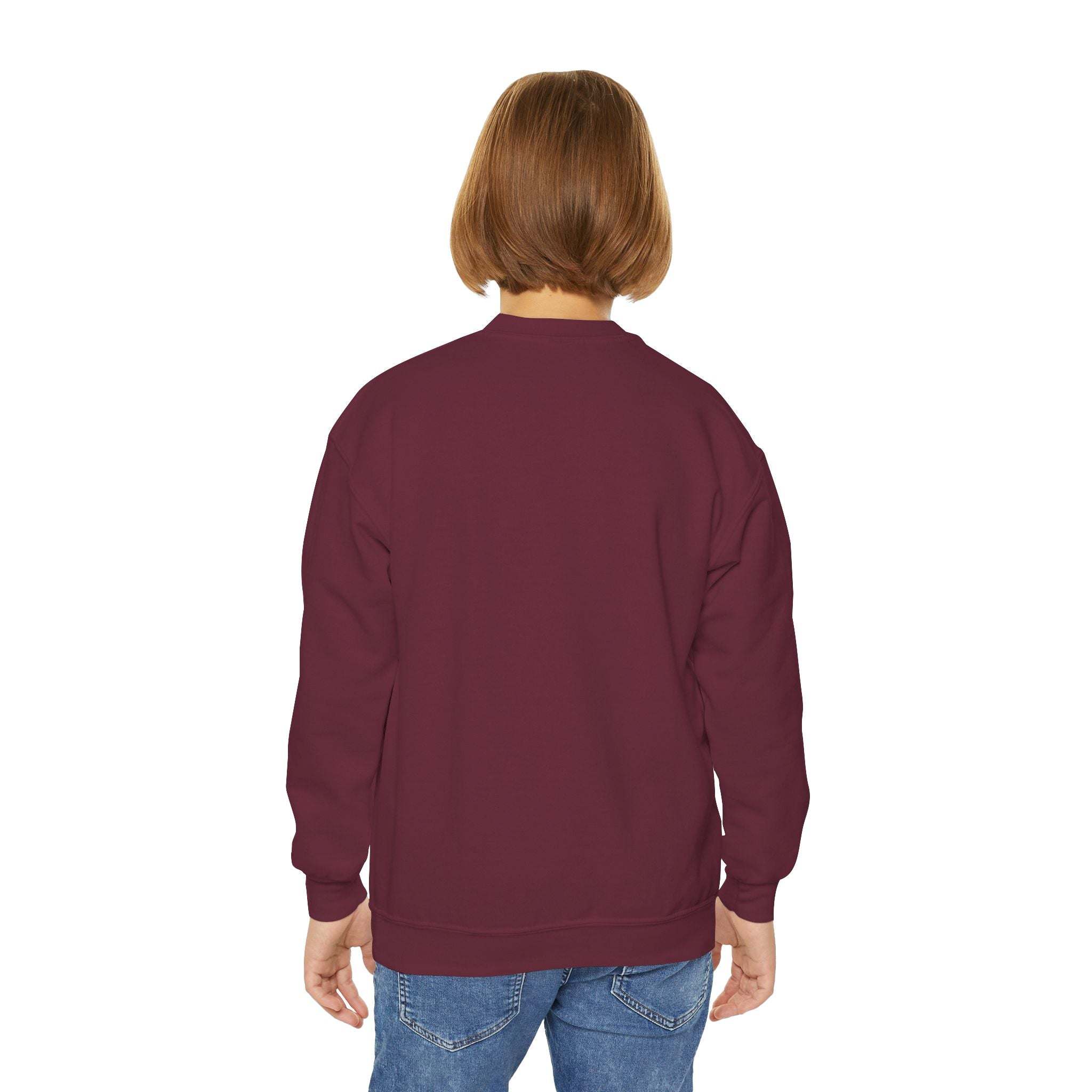 Child wearing maroon Moody Girl Highland Cow sweatshirt, back view, casual fit, ribbed collar, cozy fabric blend