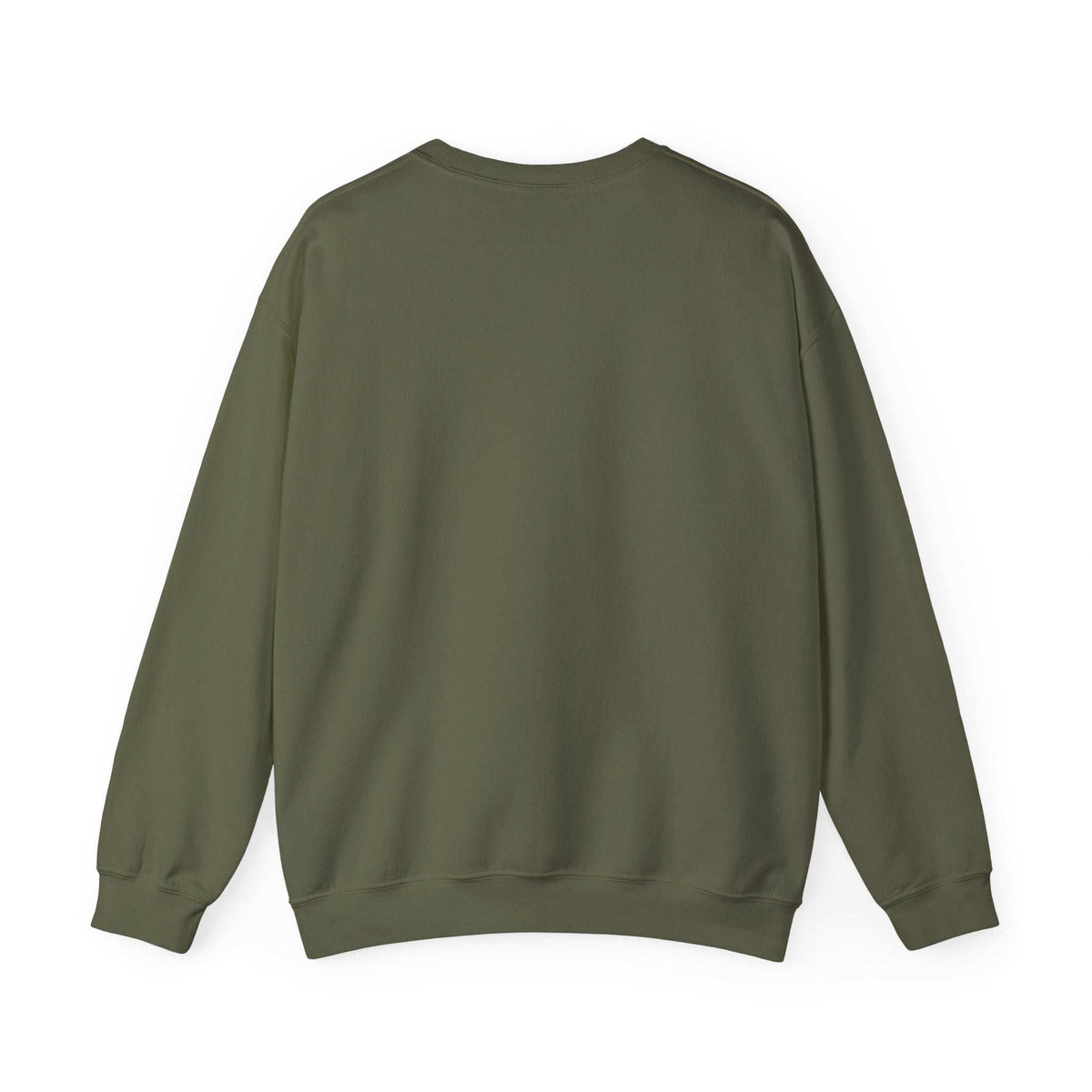 Back of the Military green Merry Mahj Christmas mahjong sweatshirt with colorful stacked lettering, red bows, candy canes, holly and a mahjong tile.