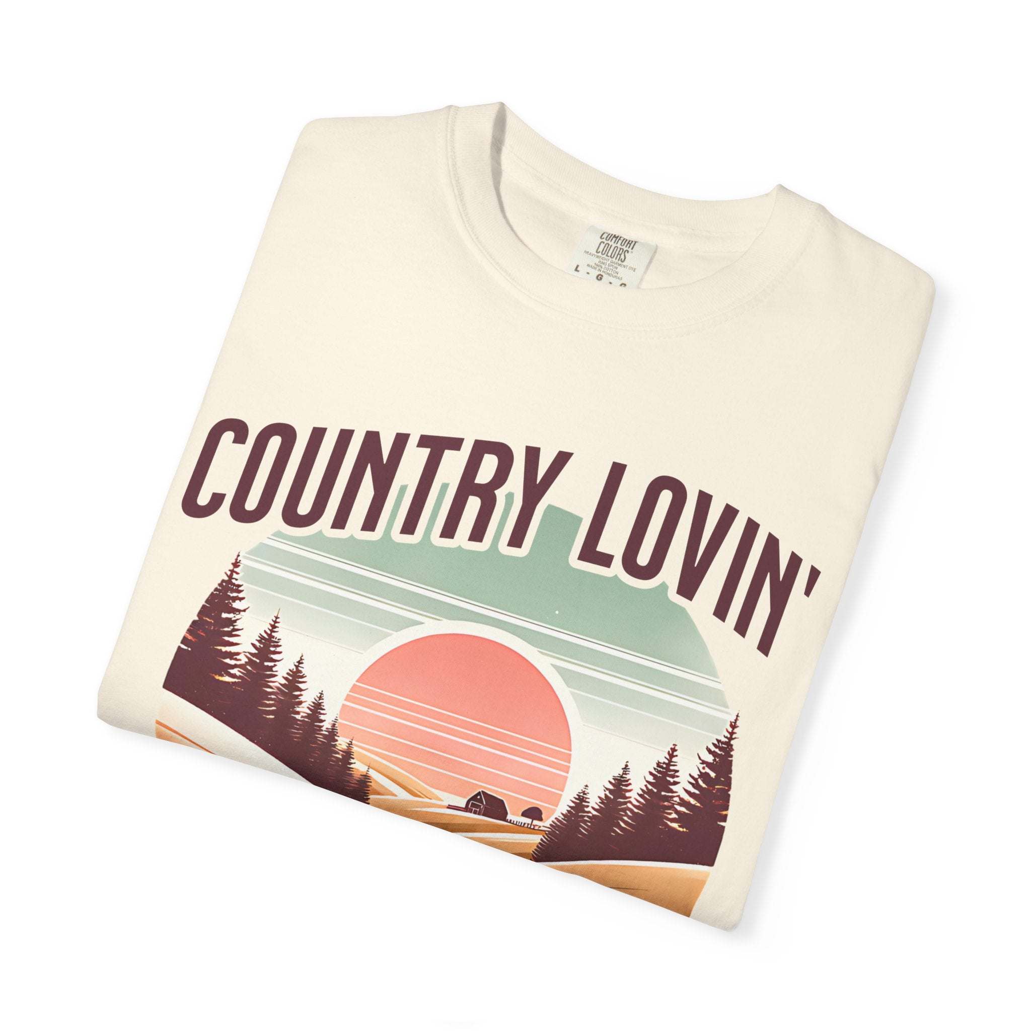 Country Lovin Girl T-shirt vintage style tee with sunset and pine tree design, cozy cotton blend for country music fans