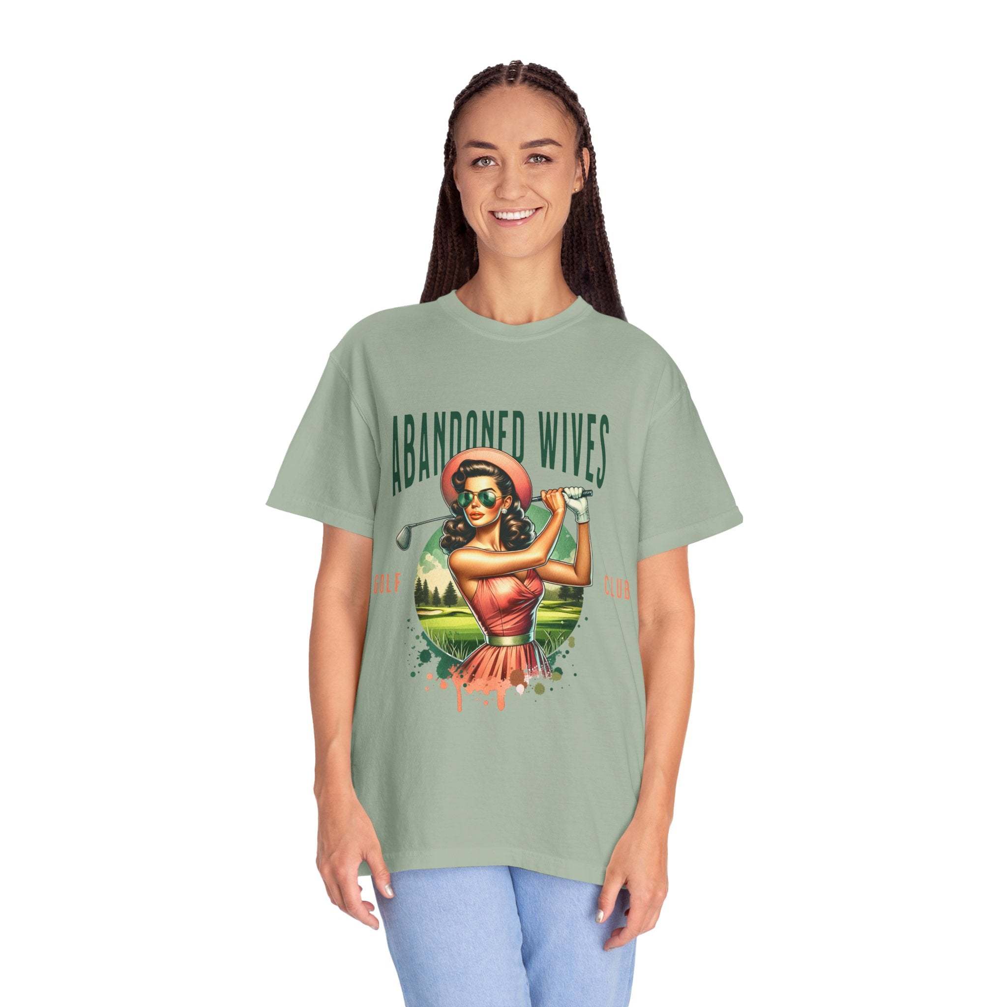 Vintage unisex t-shirt with humorous abandoned wives golf club design, soft garment-dyed cotton in multiple sizes and colors