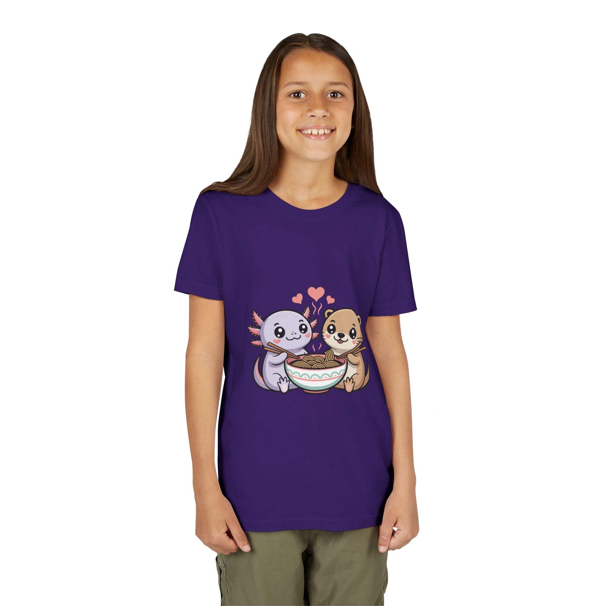 Cute kawaii animal kids shirt with axolotl and otter sharing ramen bowl on lightweight cotton tee