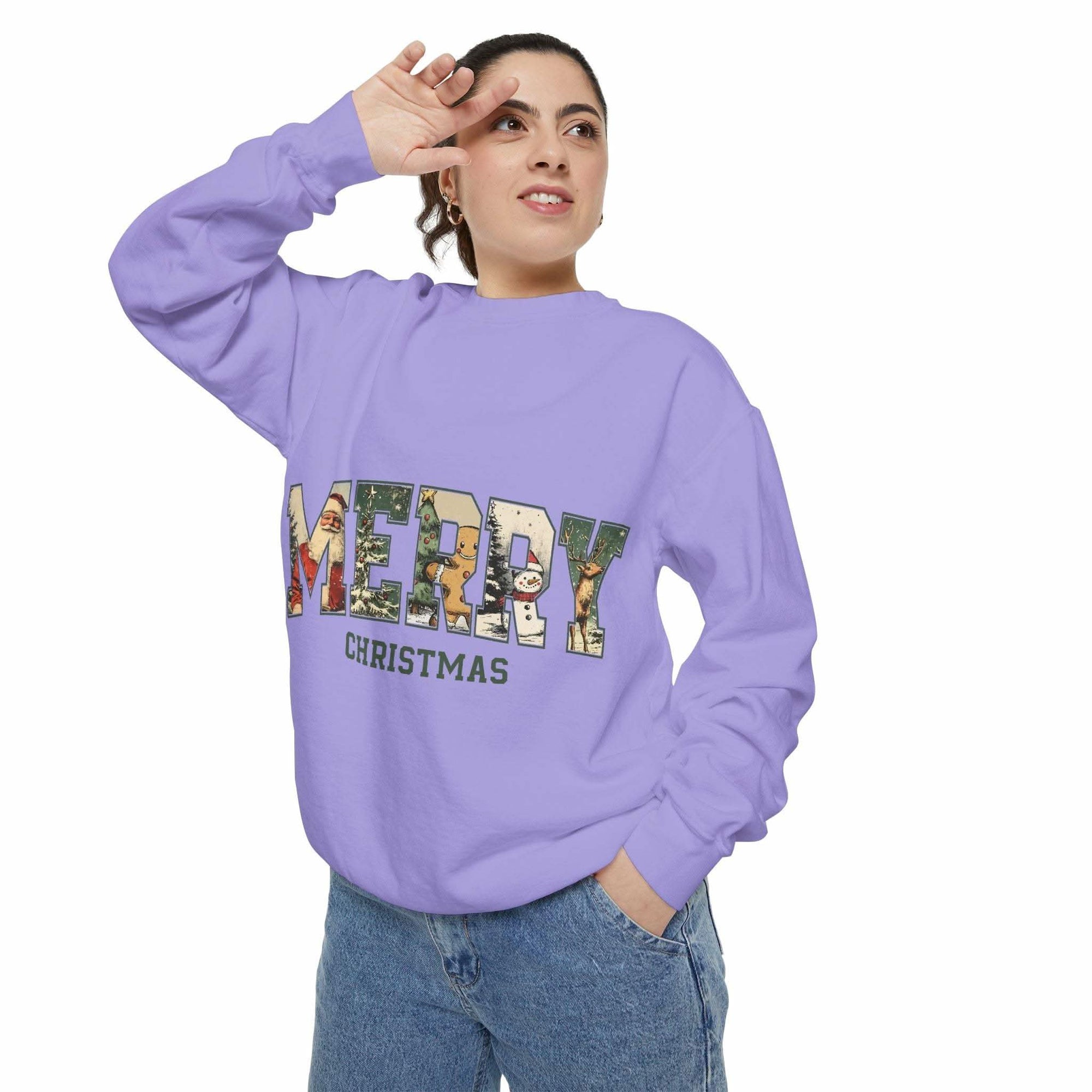 Vintage Varsity Merry Christmas sweatshirt with cozy holiday print on soft cotton blend fabric