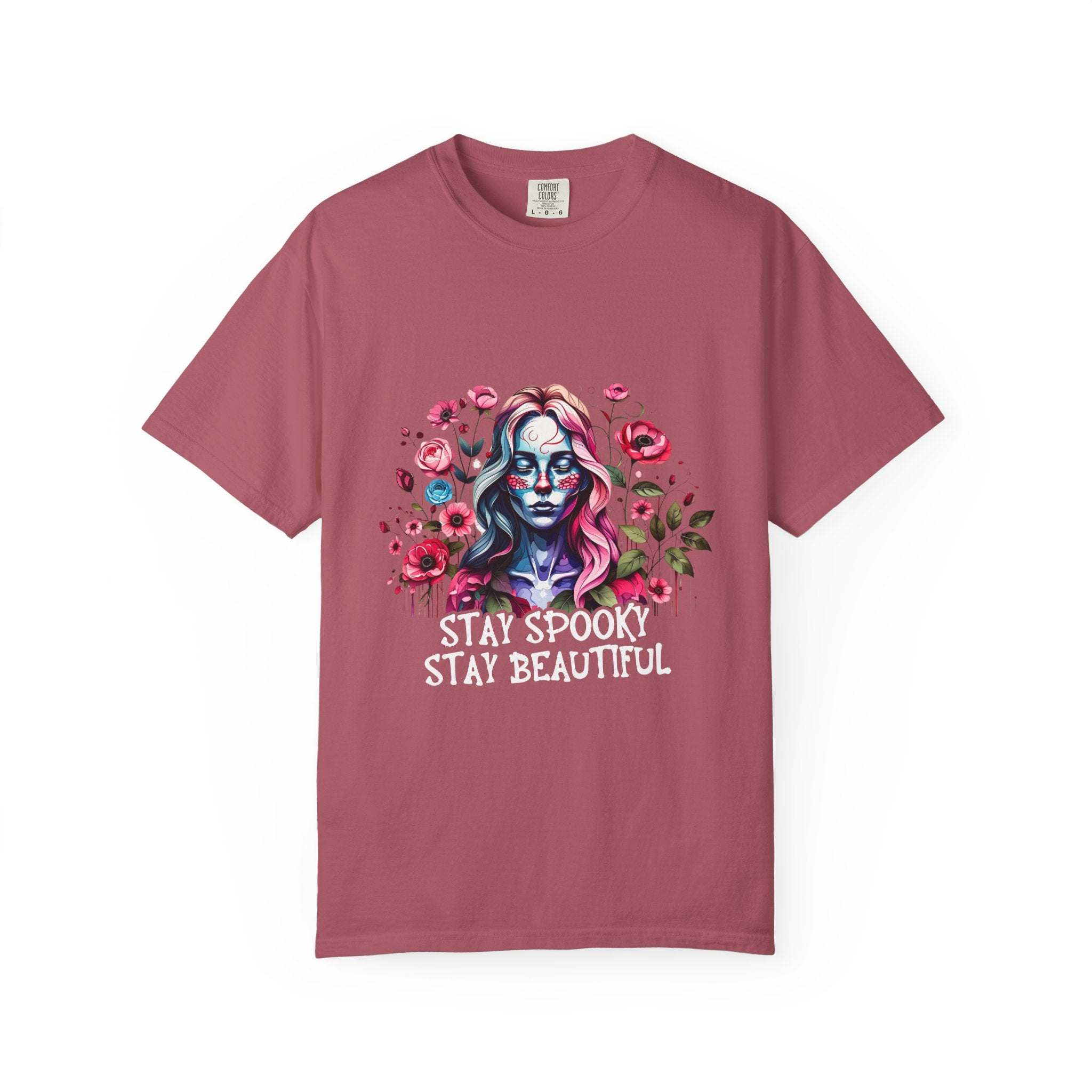 Unisex floral skeleton t-shirt with "Stay Spooky Stay Beautiful" print in soft cotton fabric