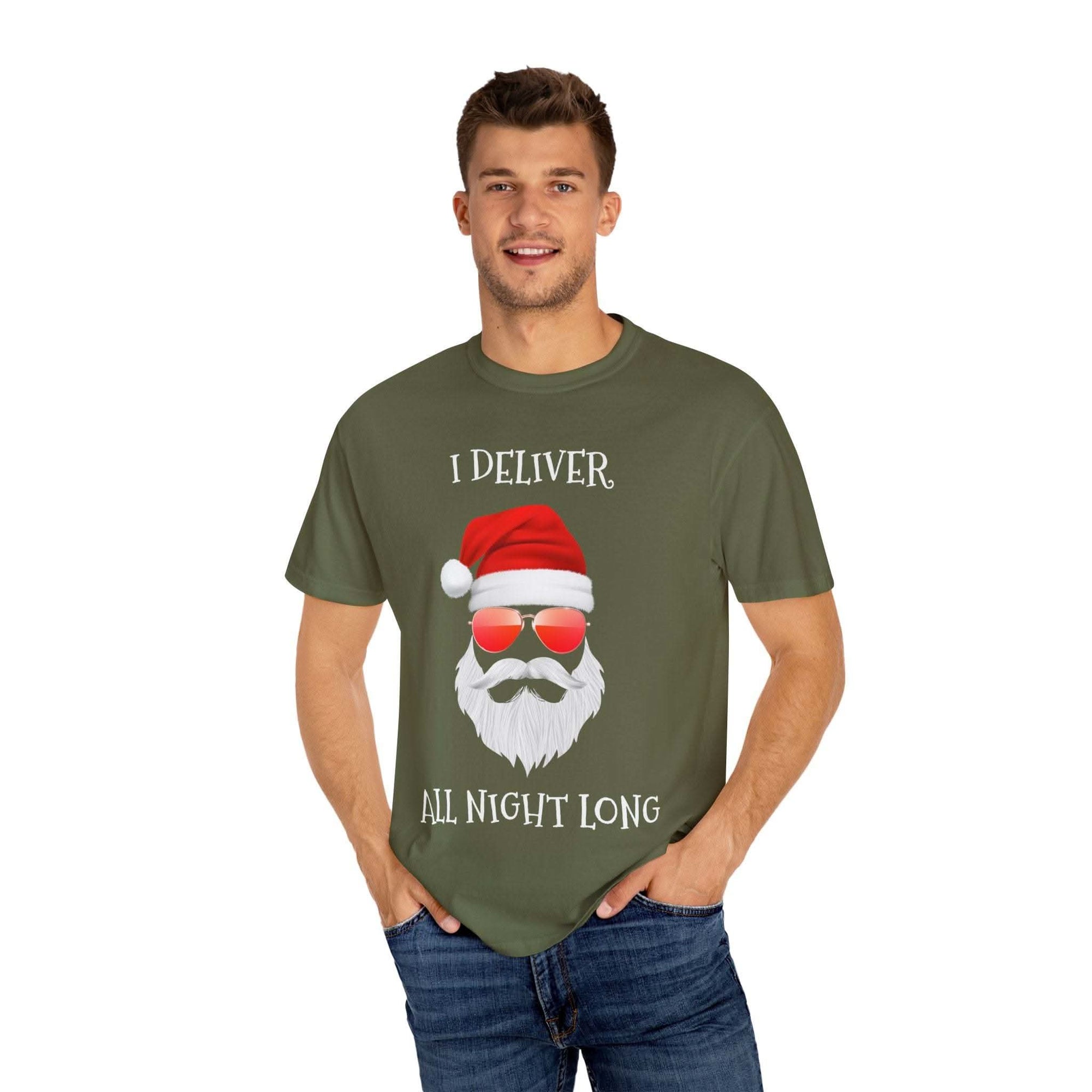 Espresso cotton t-shirt featuring 'Santa I Deliver All Night Long' print, holiday-themed design by Printify