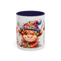 Scottish Highland Cow Christmas coffee mug in black, festive farmhouse decor for holiday drinks, by Printify