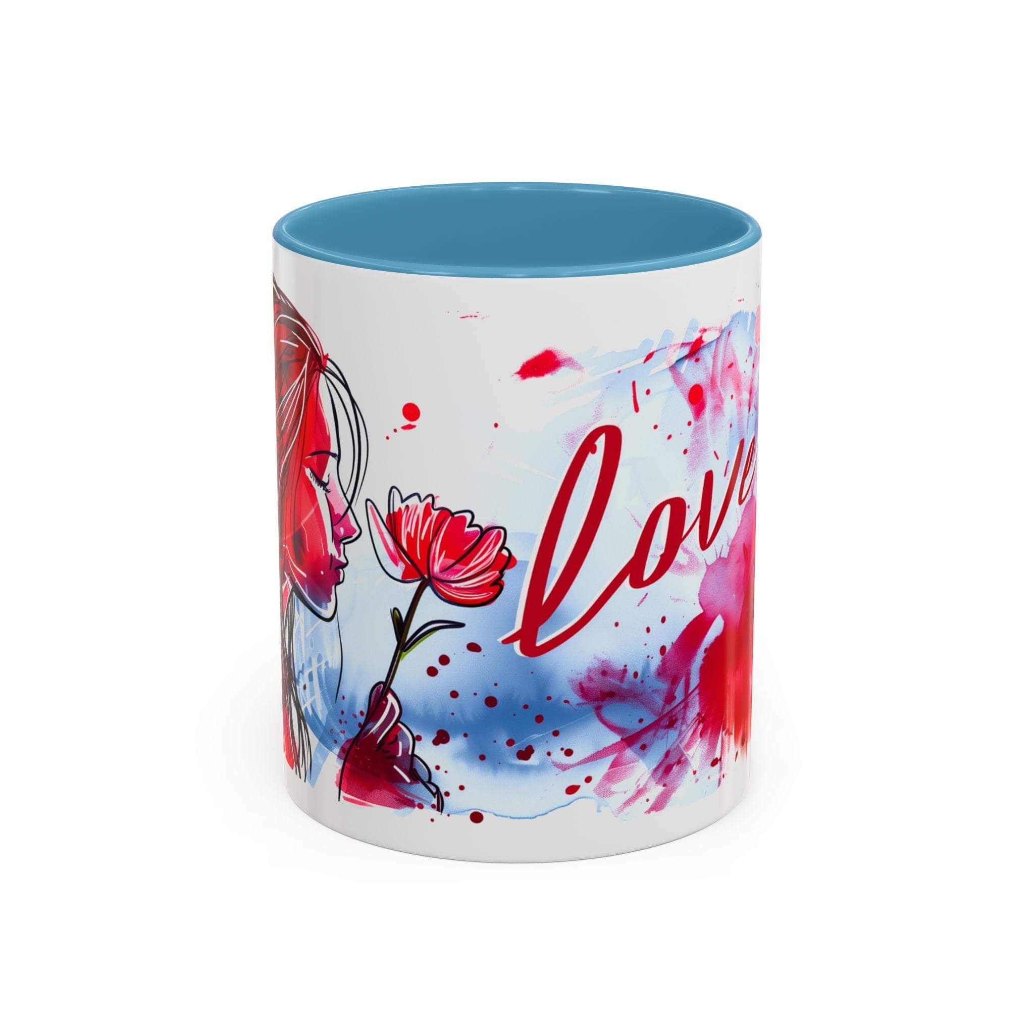 Valentines Floral Love Accent Coffee Mug with heart and floral design, blue interior and C-shaped handle