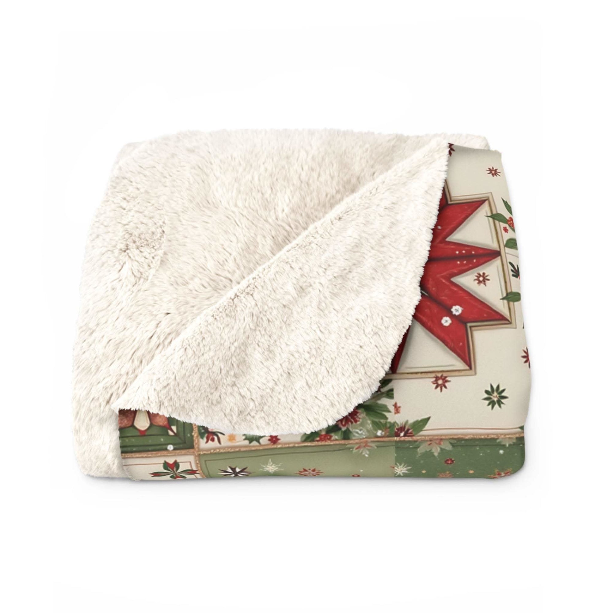 Vintage Christmas Patchwork Sherpa Blanket with plush fleece and nostalgic holiday patchwork design