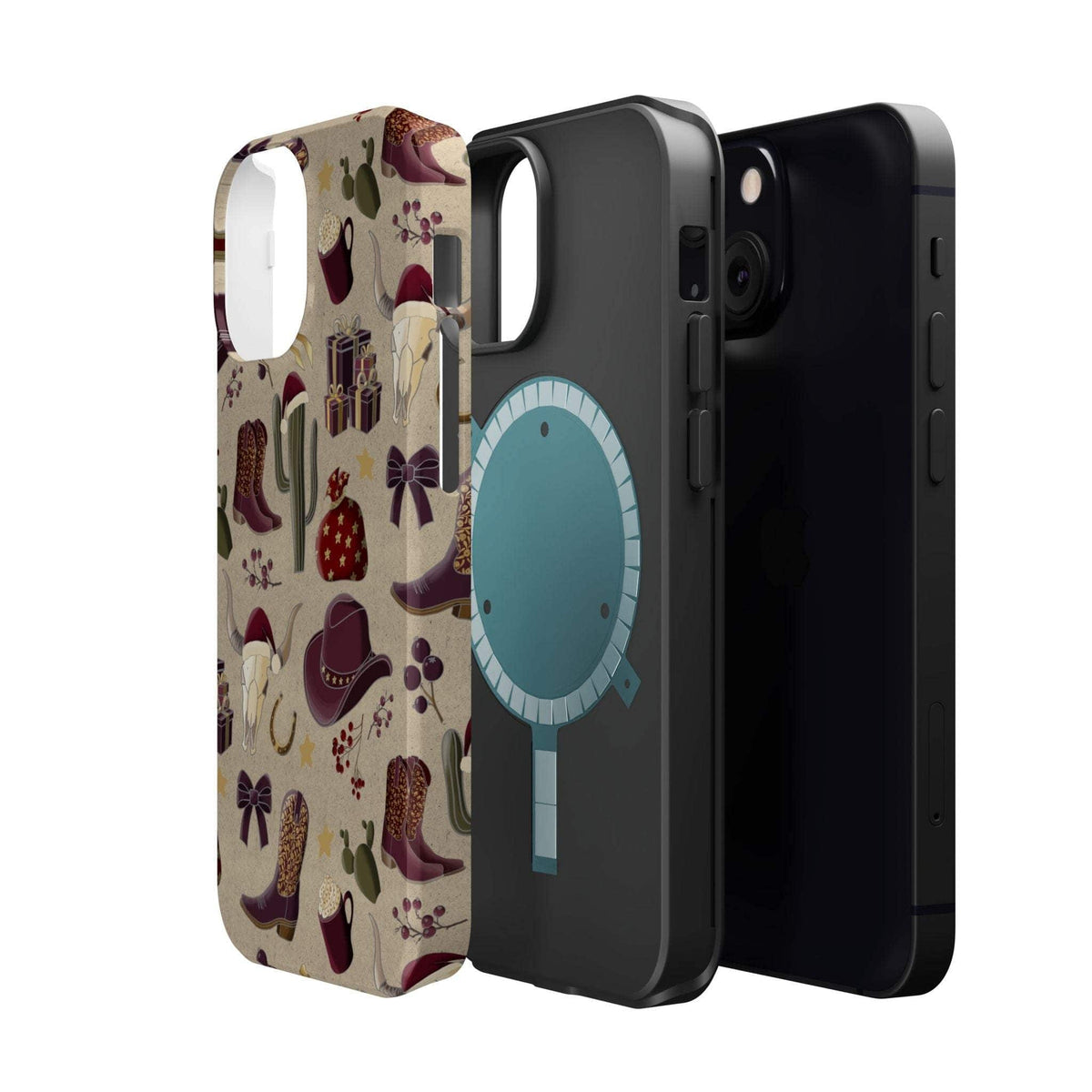 Cowboy Christmas design phone case for iPhone 17 in glossy finish by Printify, featuring festive colors and patterns.