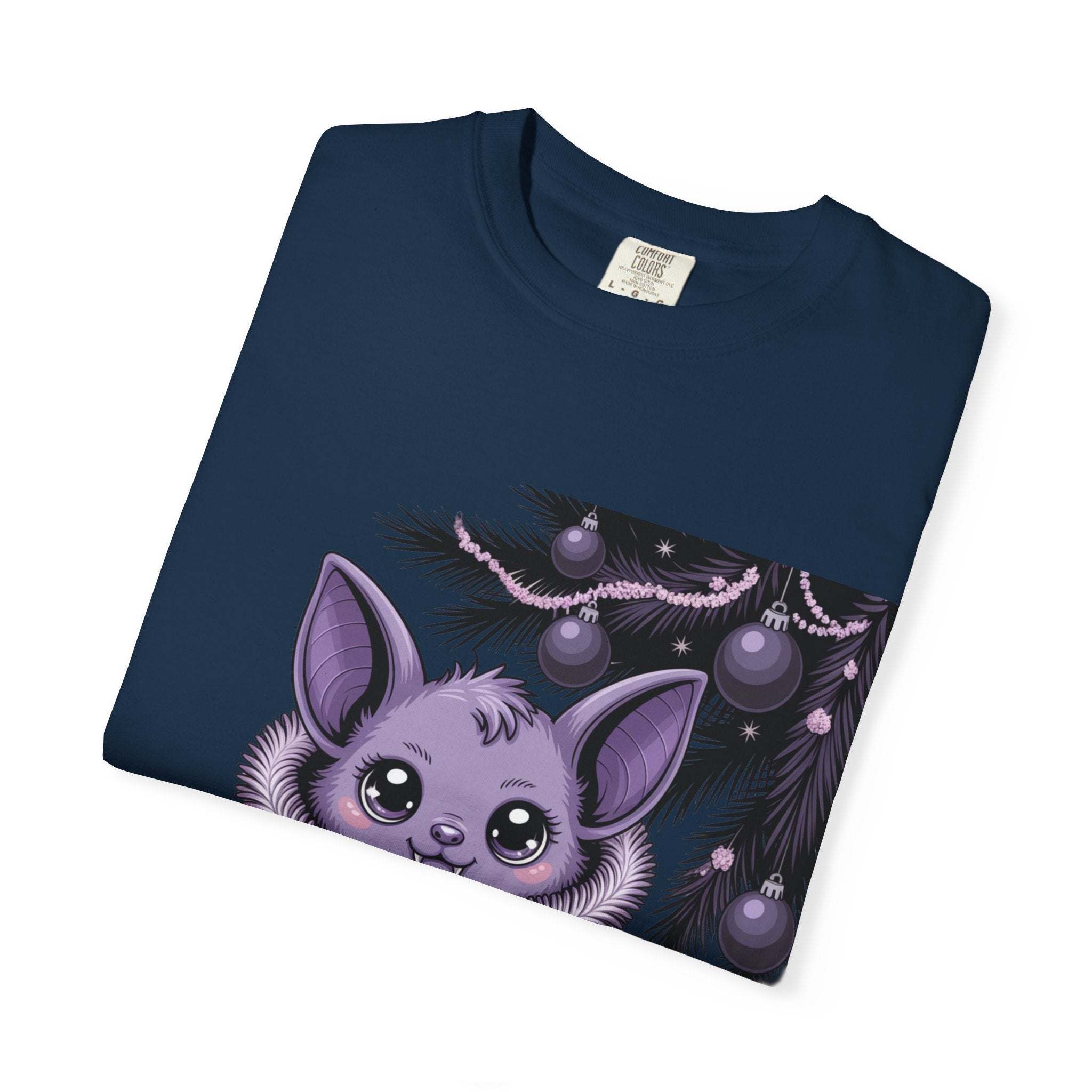 Navy blue t-shirt with a purple bat and Christmas tree design on a white background