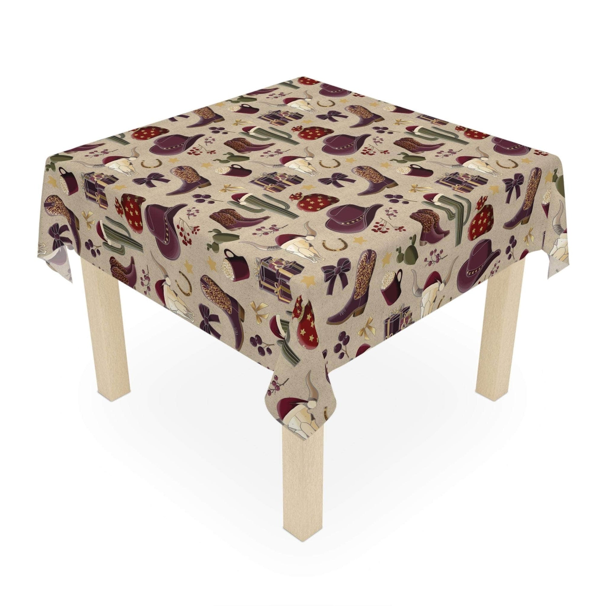 Cowboy Christmas tablecloth with western-themed holiday design on square table