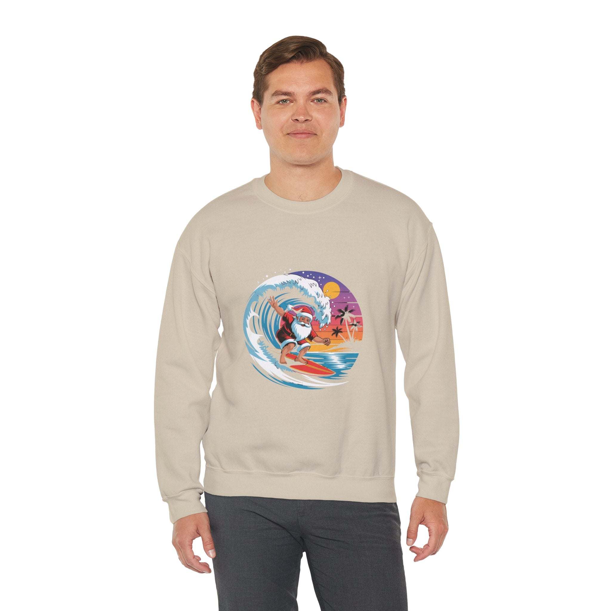 Navy Santa sweatshirt featuring a surfing design, perfect for holiday beachwear by Printify.