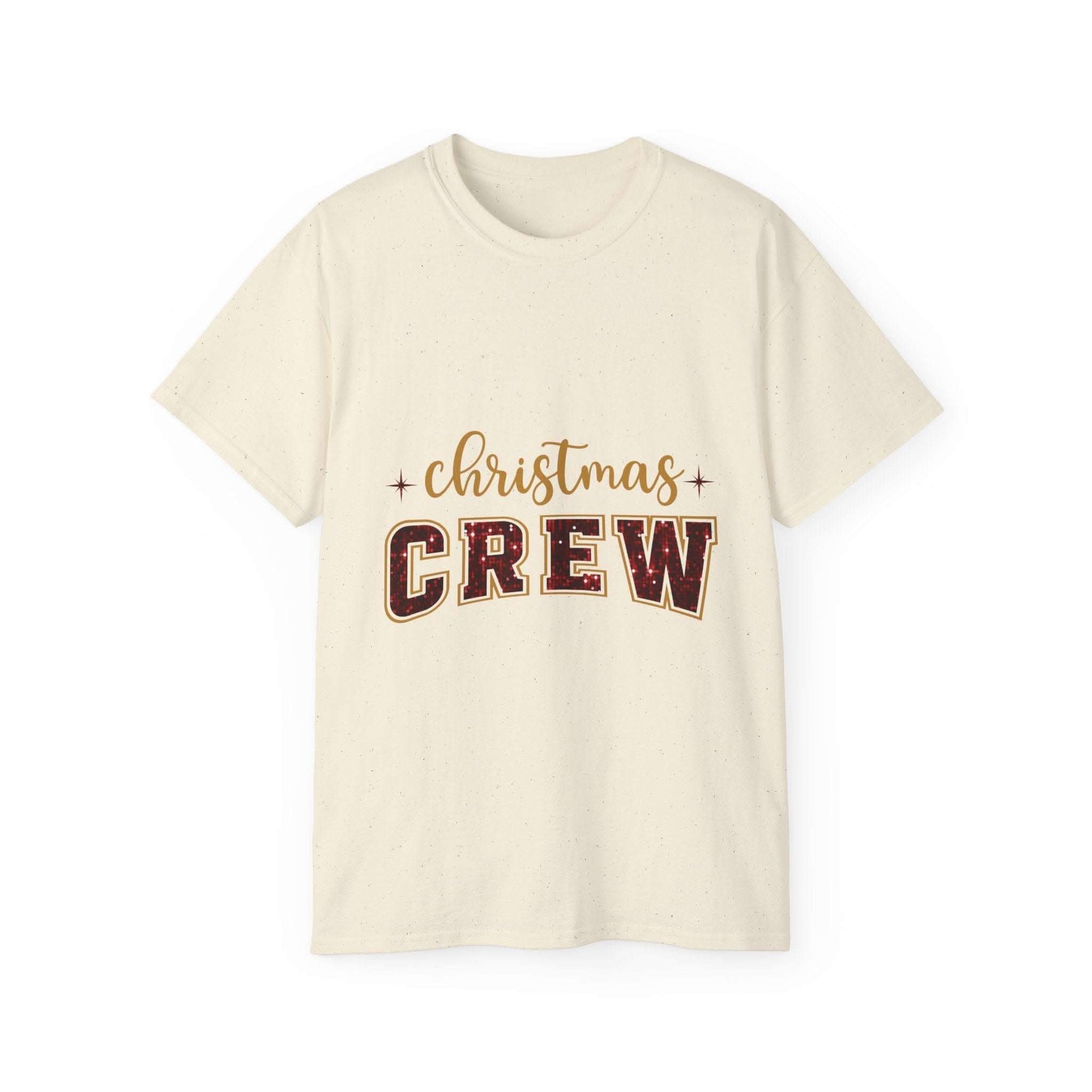 Antique Cherry Red Christmas Crew Faux Glitter Tee with festive design
