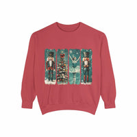 Vintage Christmas Nutcracker sweatshirt with watercolor holiday design on red fabric