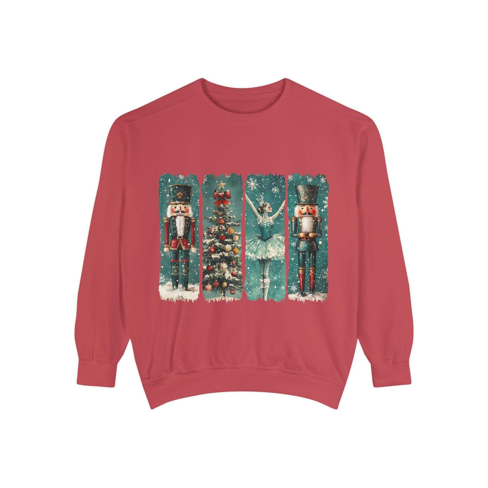 Vintage Christmas Nutcracker sweatshirt with watercolor holiday design on red fabric