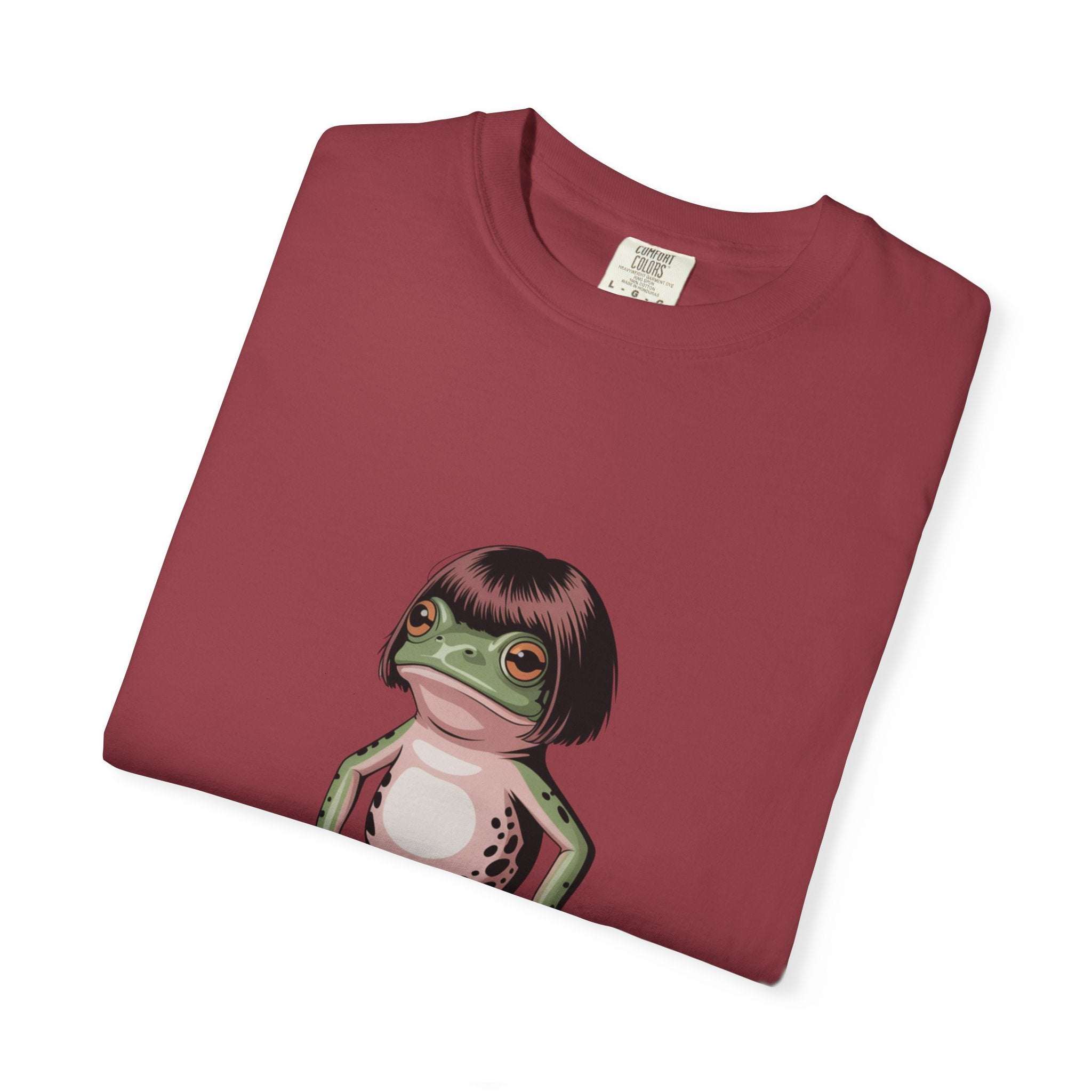 Frog with bob haircut meme printed on vintage-style garment-dyed t-shirt