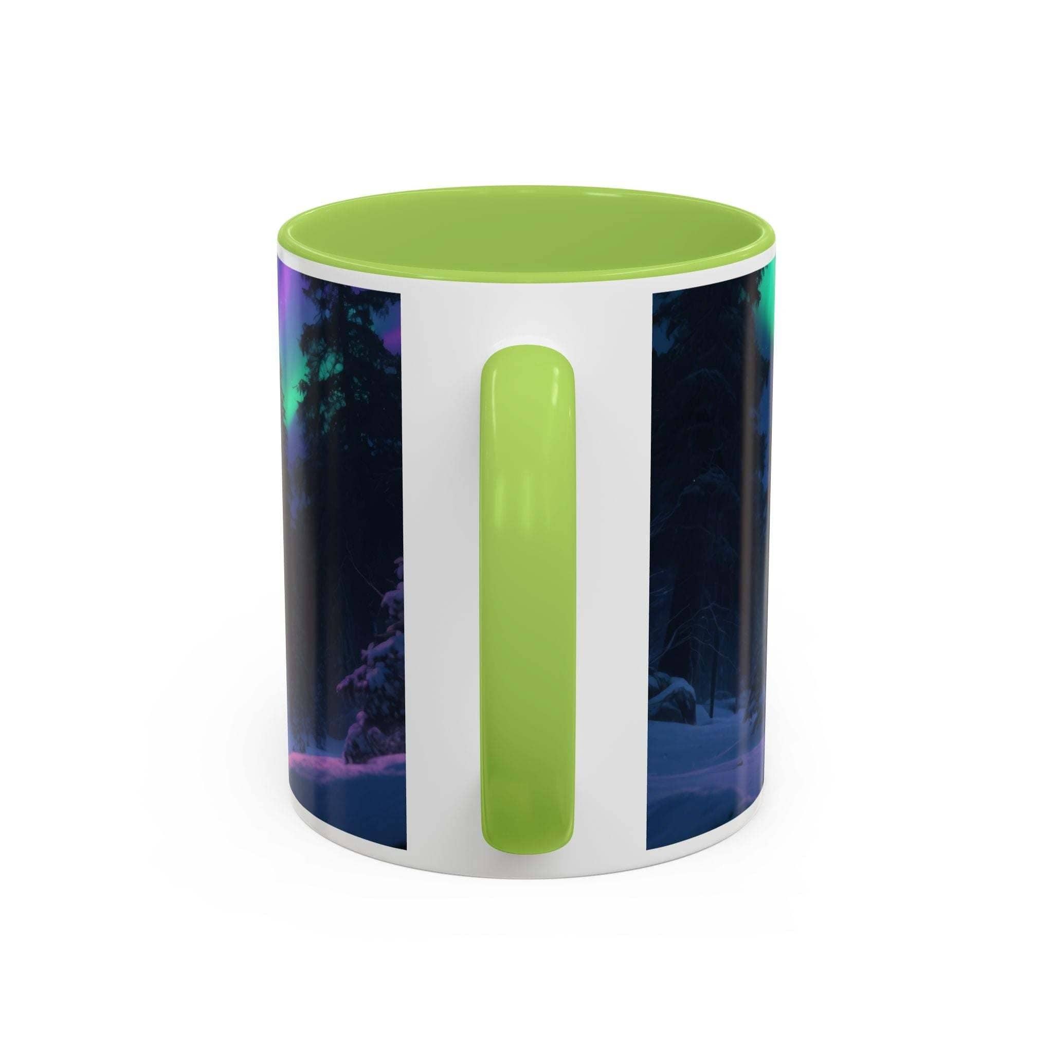 Howling wolf aurora mug with green handle and interior, ceramic coffee cup with northern lights design